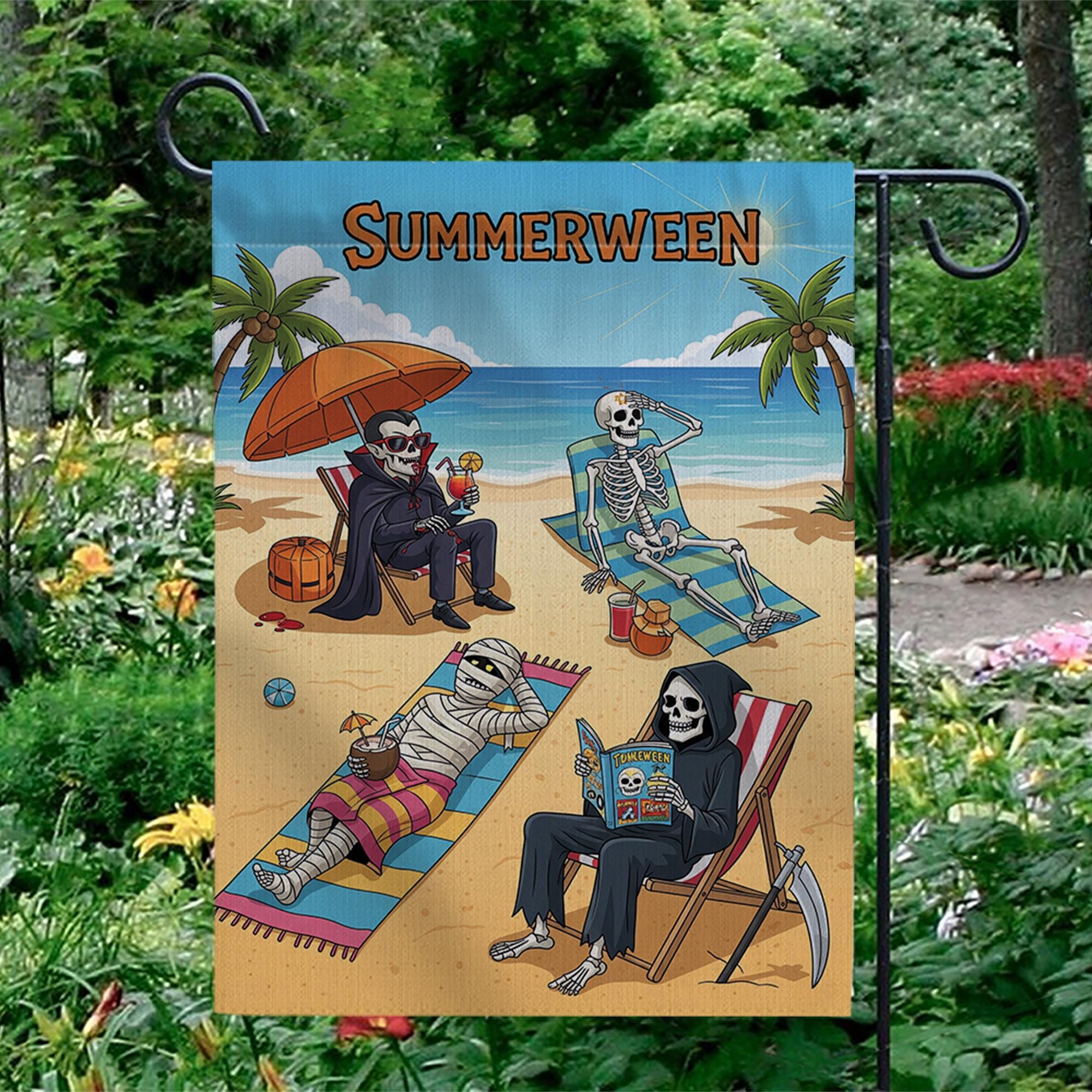 Summerween Garden Flag - Funny Halloween Summer Yard Decor - Skeleton Beach Party Flag