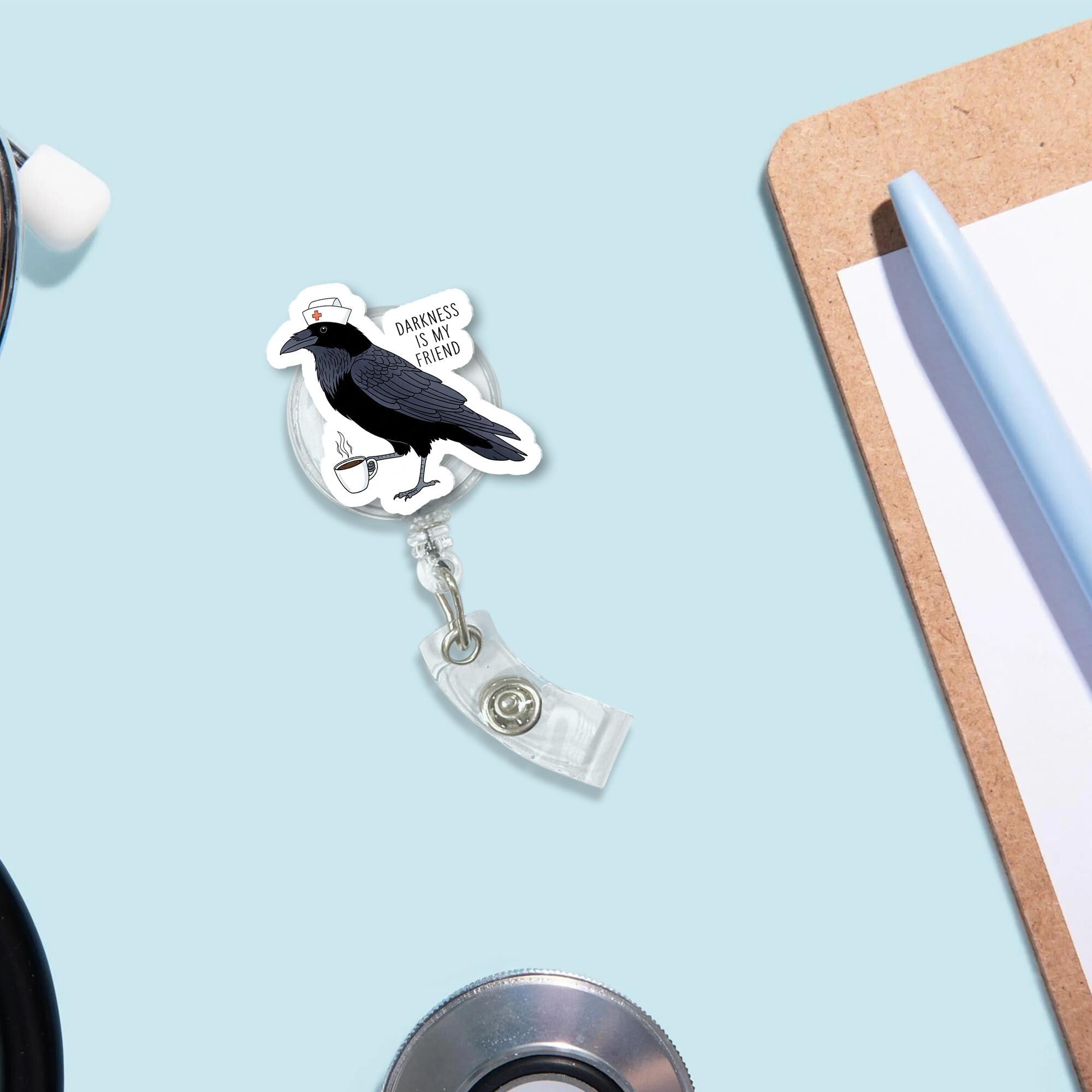 Darkness Is My Friend Crow Badge Reel - Funny Goth Nurse ID Holder with Coffee Cup, Raven Night Shift RN CNA Clip for Medical Workers
