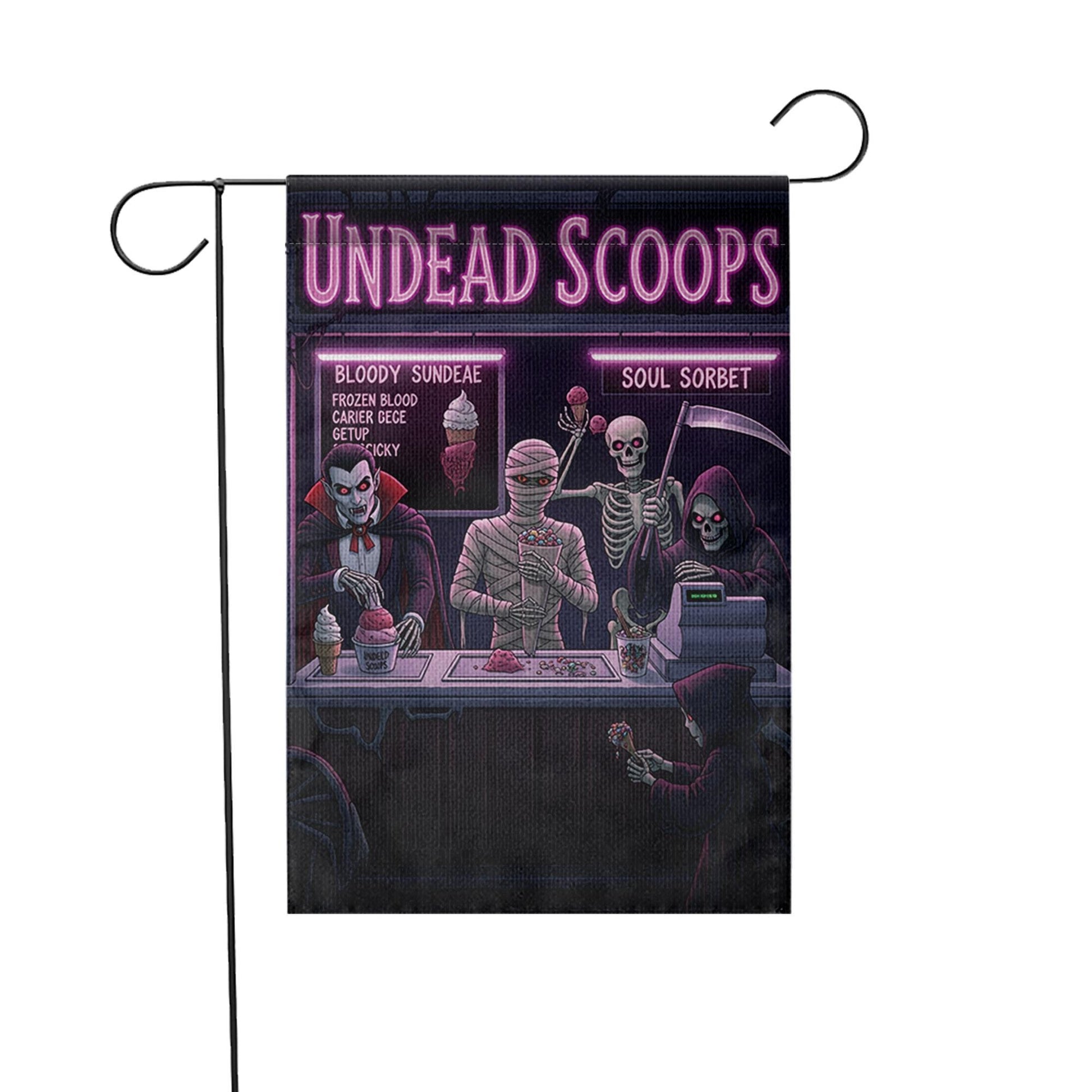 Undead Scoops Garden Flag - Funny Halloween Ice Cream Yard Decor - Spooky Monster Banner