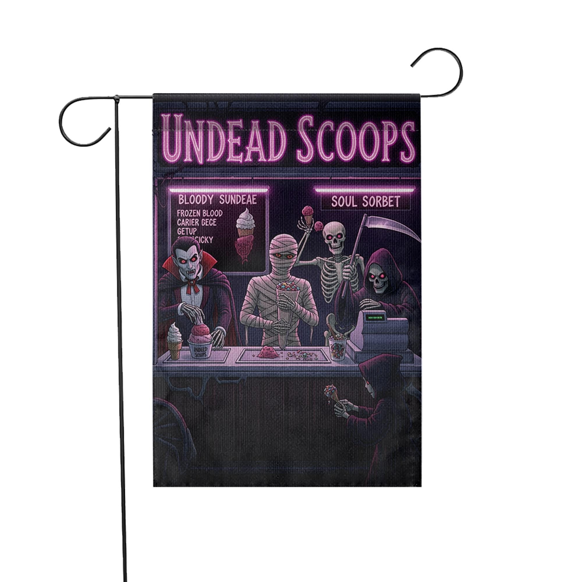 Undead Scoops Garden Flag - Funny Halloween Ice Cream Yard Decor - Spooky Monster Banner