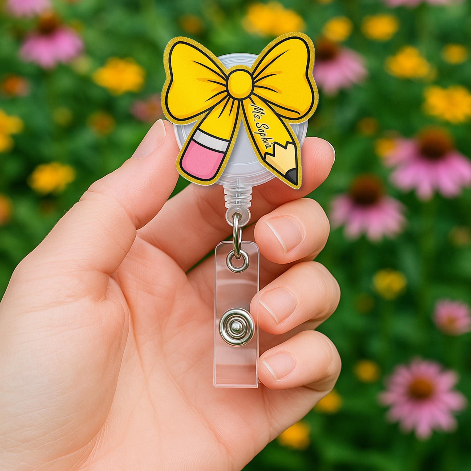 Bow Pencil Badge Reel, Custom Teacher Name ID Clip, Cute Retractable Badge Holder, Back to School Gift for Teacher, Teacher Accessories