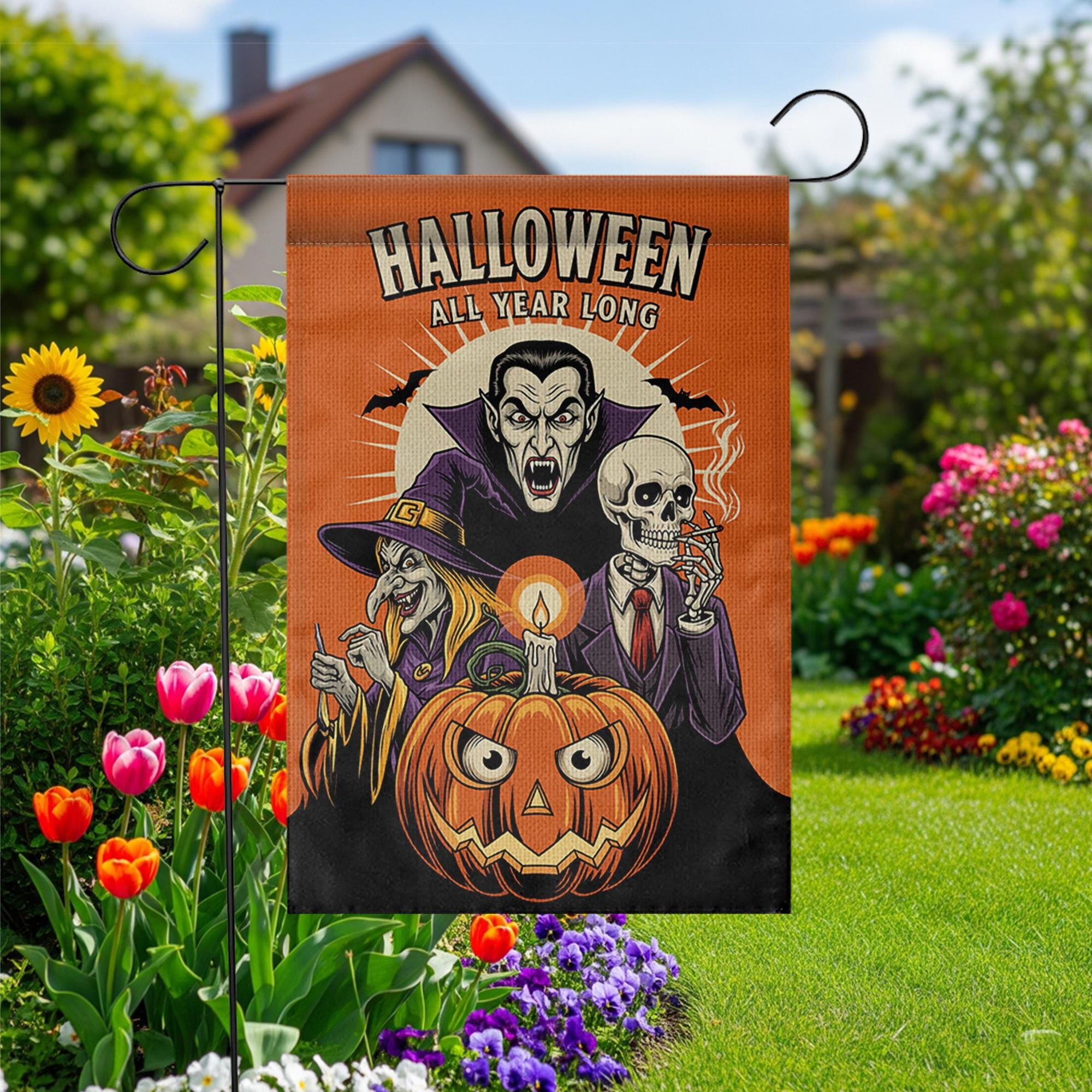 Funny Halloween Garden Flag, Spooky Pumpkin Witch Vampire Skeleton Yard Decor, Halloween All Year Outdoor Decoration