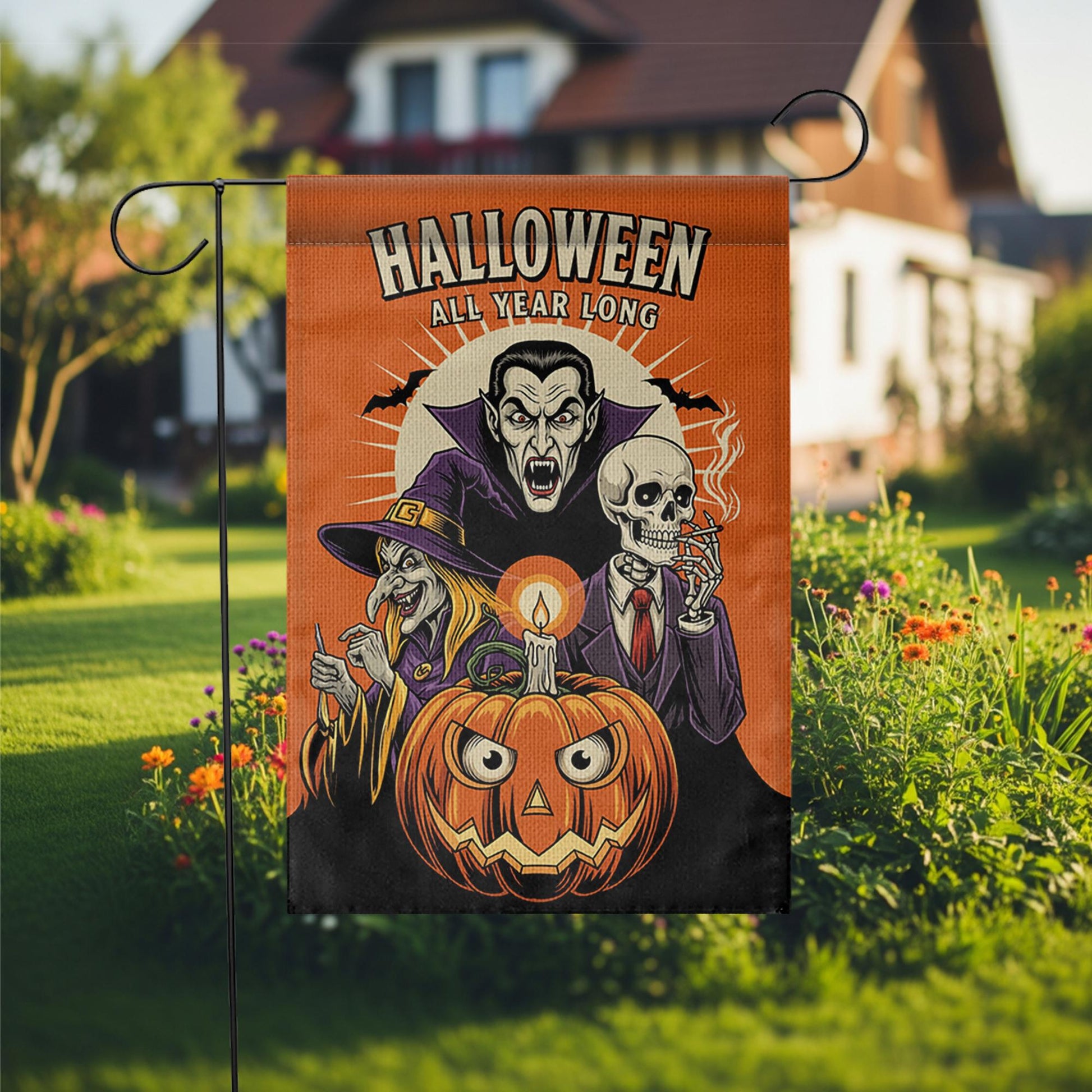 Funny Halloween Garden Flag, Spooky Pumpkin Witch Vampire Skeleton Yard Decor, Halloween All Year Outdoor Decoration