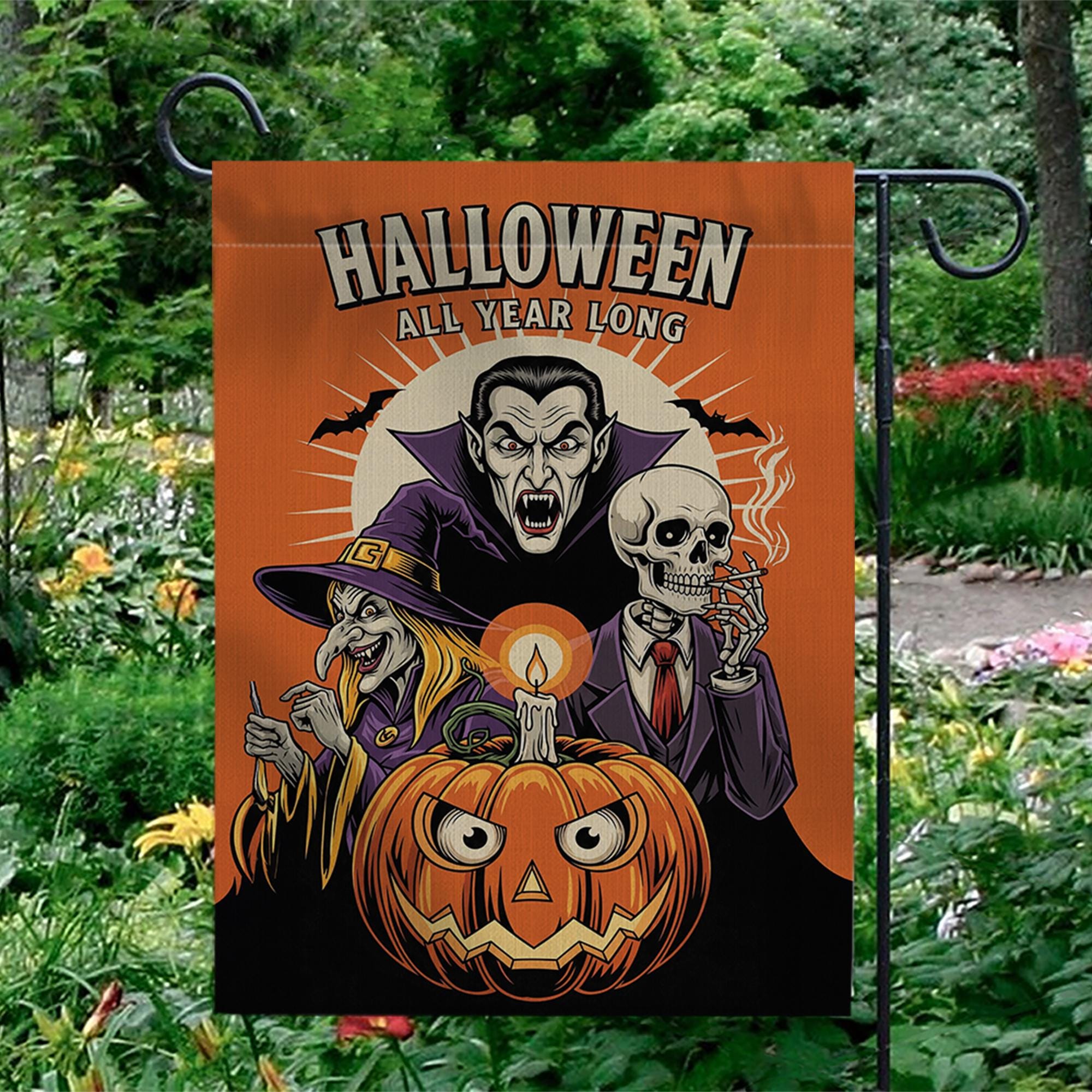 Funny Halloween Garden Flag, Spooky Pumpkin Witch Vampire Skeleton Yard Decor, Halloween All Year Outdoor Decoration