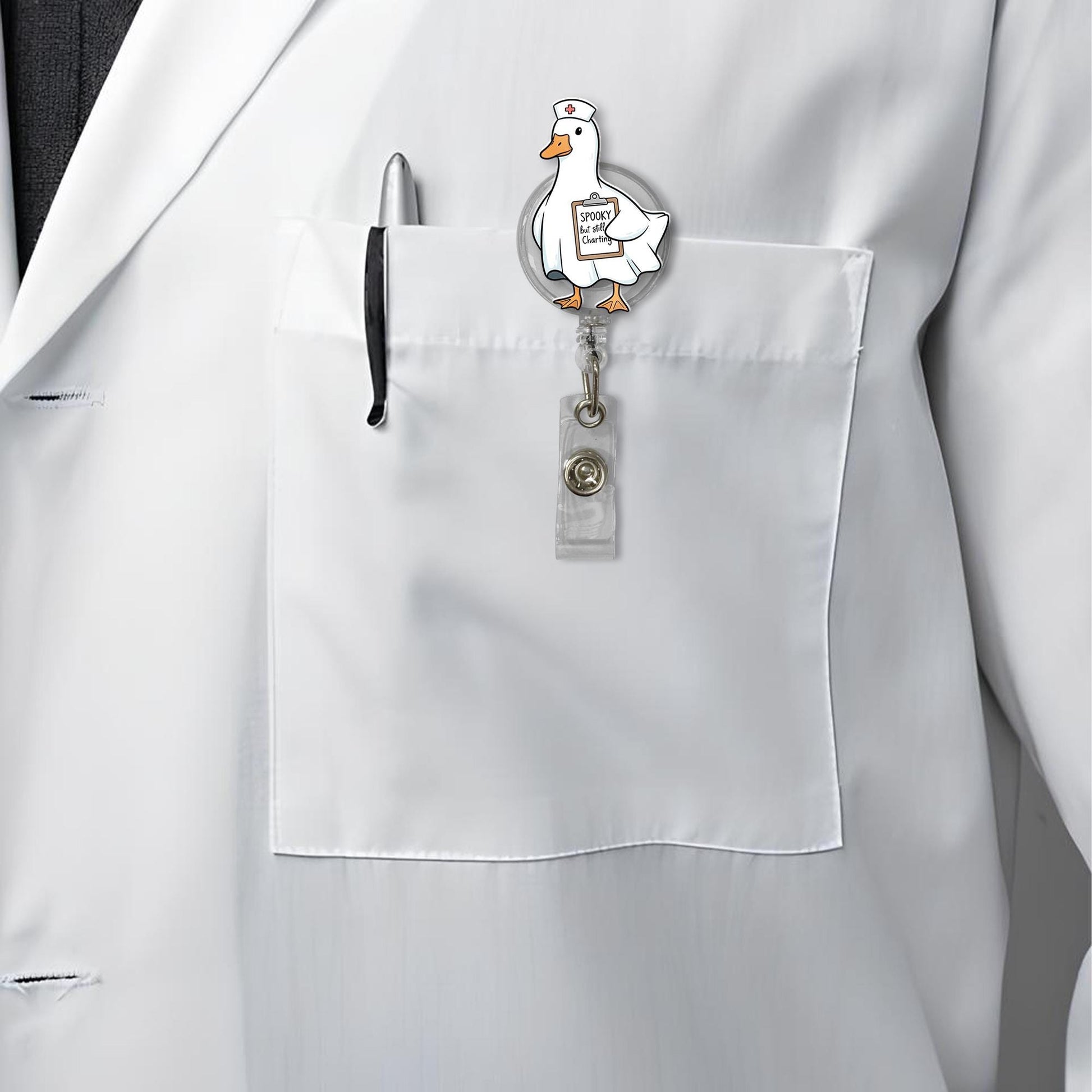 Spooky but Still Charting Duck Badge Reel - Funny Halloween Nurse ID Holder, Ghost Goose RN CNA Clip for Medical and Hospital Staff