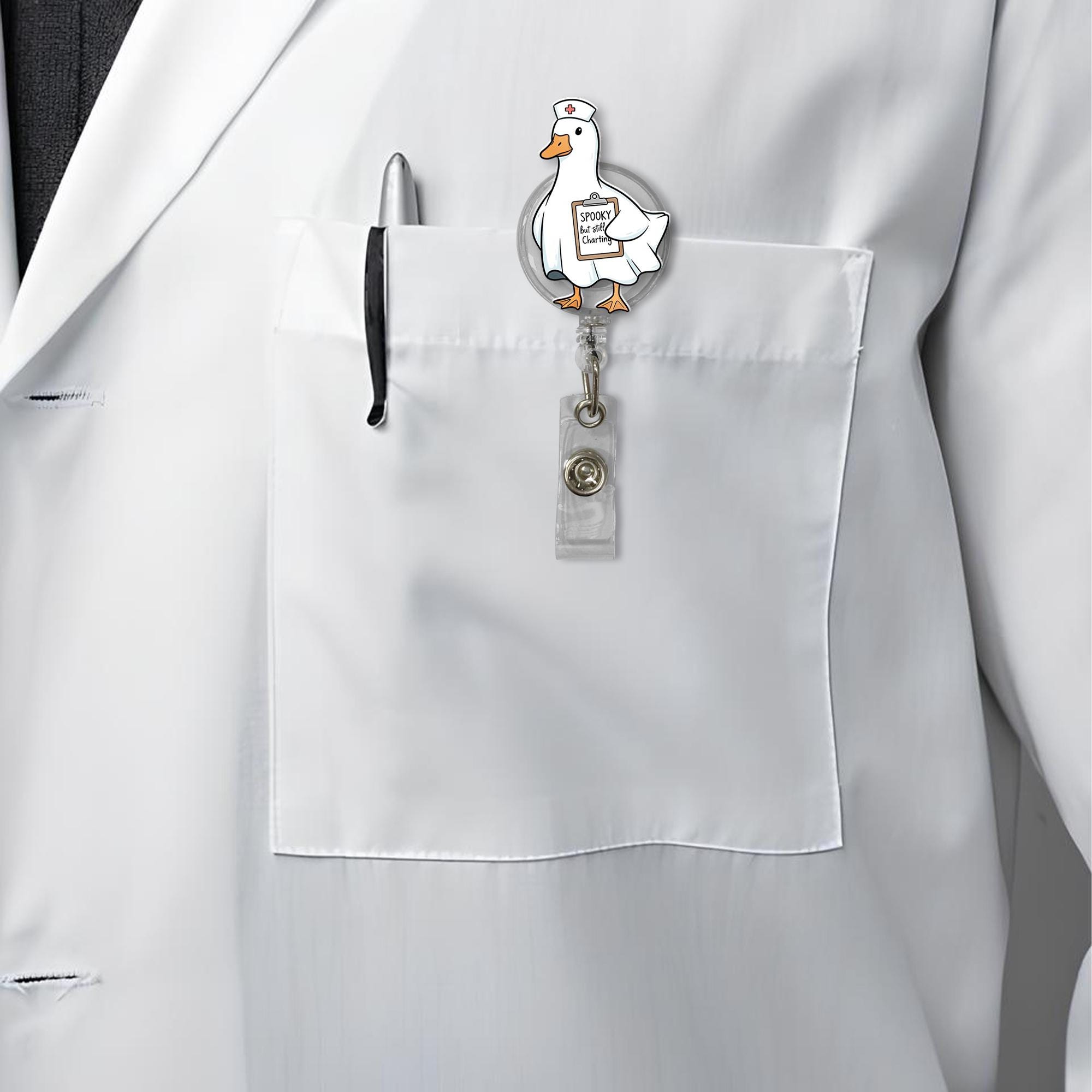 Spooky but Still Charting Duck Badge Reel - Funny Halloween Nurse ID Holder, Ghost Goose RN CNA Clip for Medical and Hospital Staff