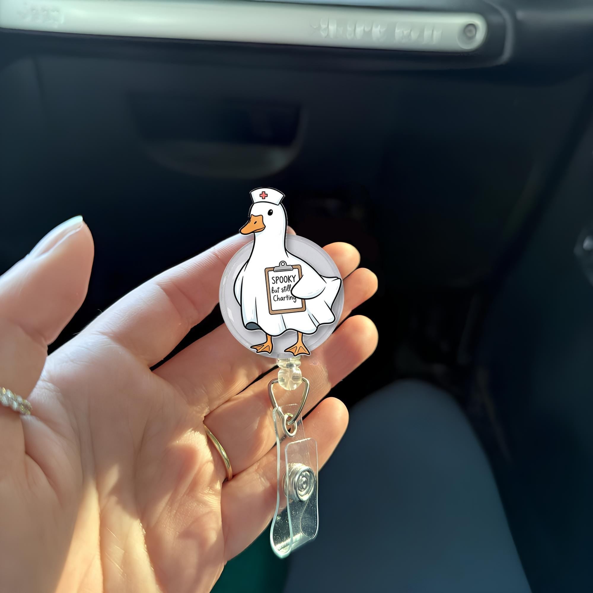 Spooky but Still Charting Duck Badge Reel - Funny Halloween Nurse ID Holder, Ghost Goose RN CNA Clip for Medical and Hospital Staff