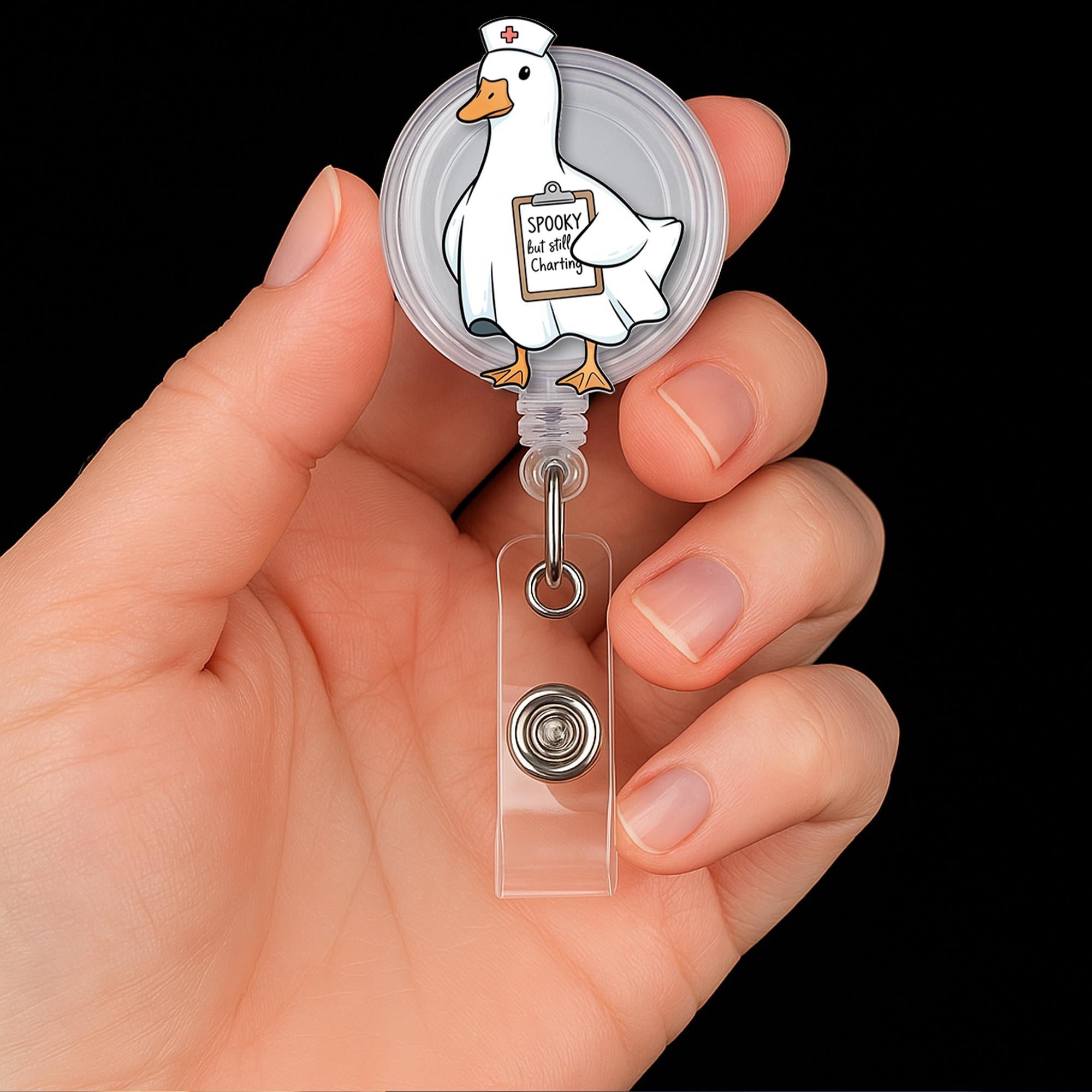 Spooky but Still Charting Duck Badge Reel - Funny Halloween Nurse ID Holder, Ghost Goose RN CNA Clip for Medical and Hospital Staff