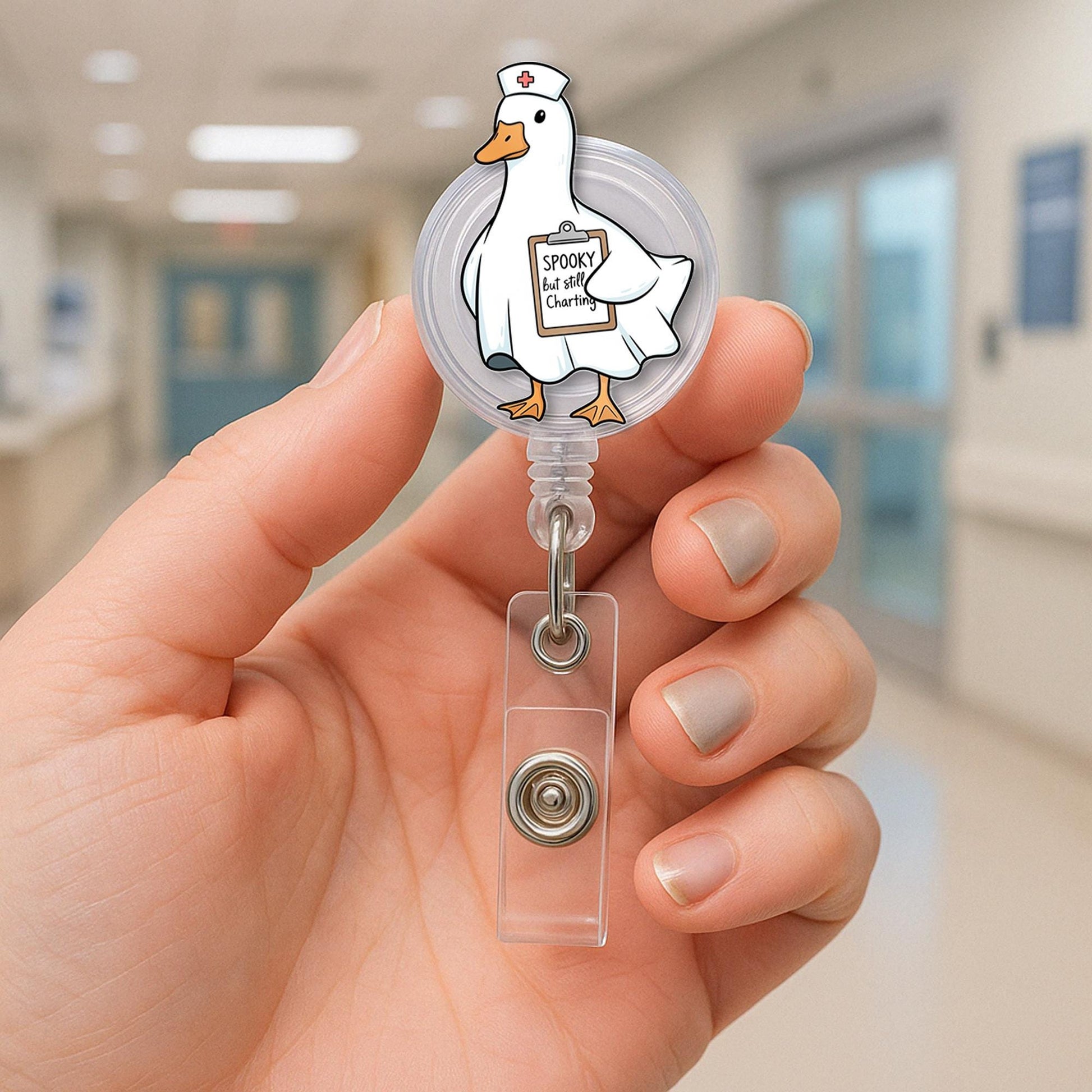 Spooky but Still Charting Duck Badge Reel - Funny Halloween Nurse ID Holder, Ghost Goose RN CNA Clip for Medical and Hospital Staff