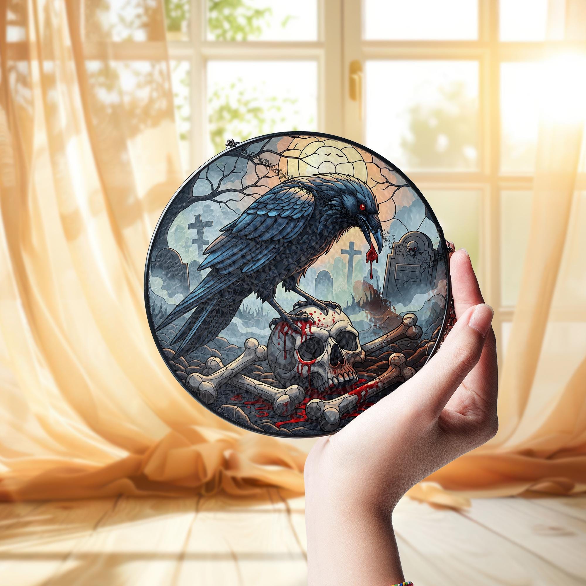 Raven Skull Suncatcher - Gothic Halloween Graveyard Window Decor - Crow and Bones Art