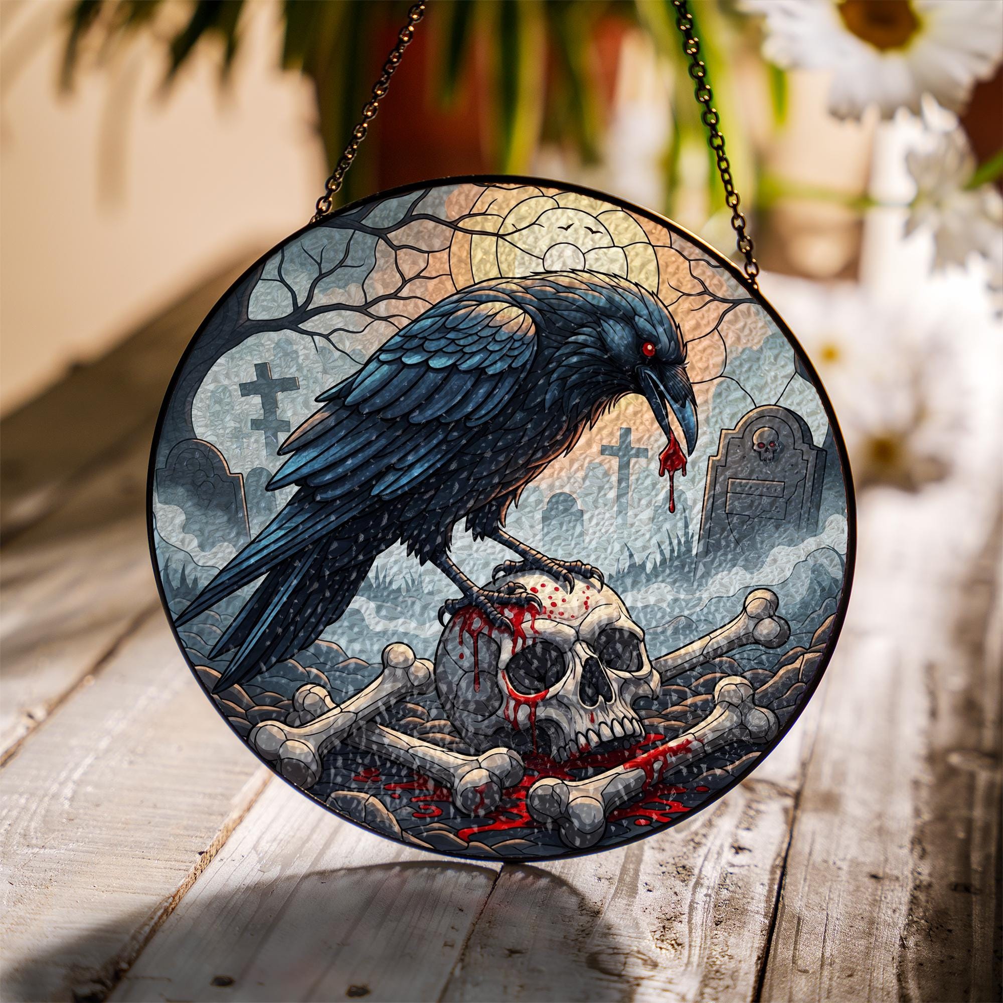 Raven Skull Suncatcher - Gothic Halloween Graveyard Window Decor - Crow and Bones Art