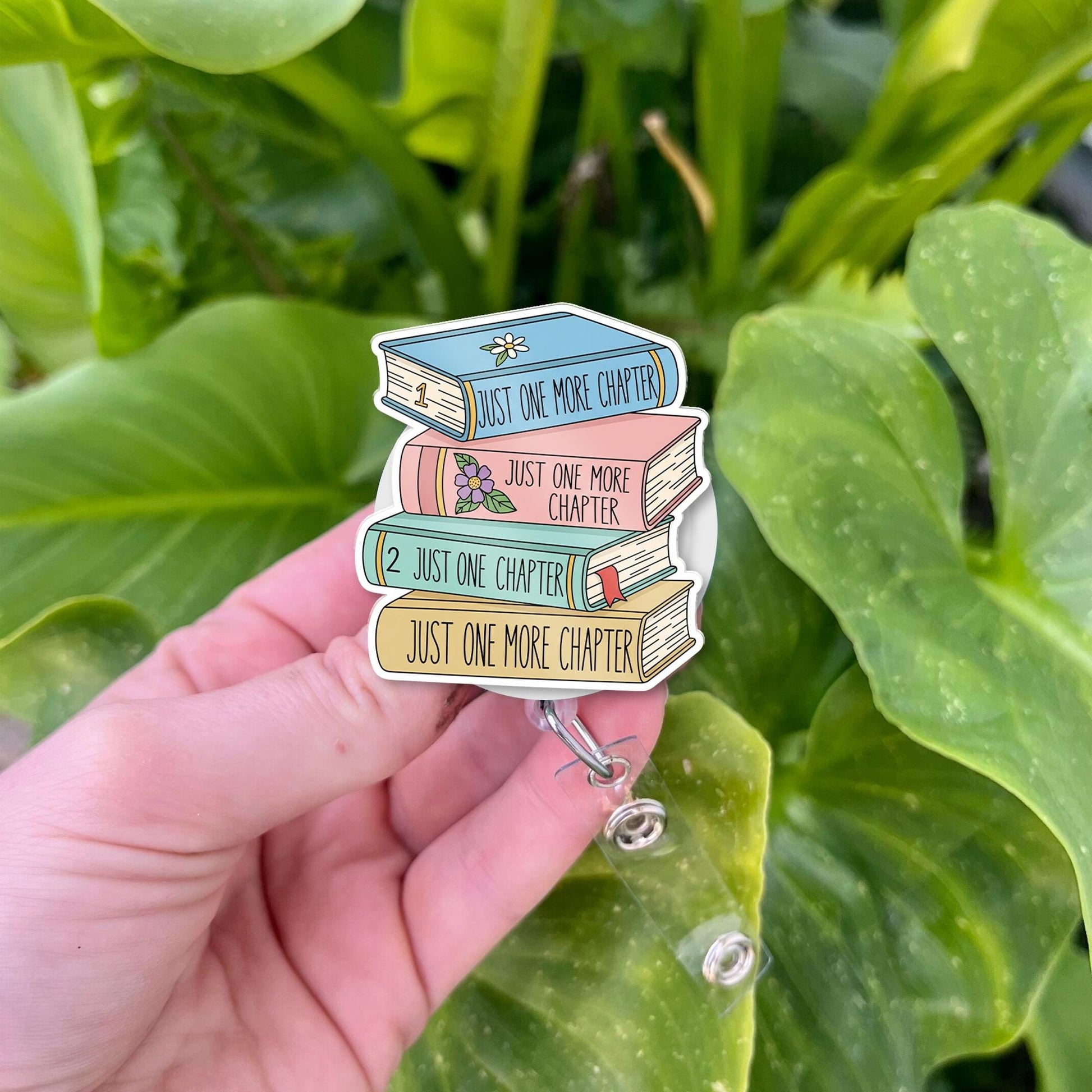 Just One More Chapter Badge Reel, Book Stack ID Holder, Cute Teacher Gift for Book Lovers, Librarian Badge Clip for Readers