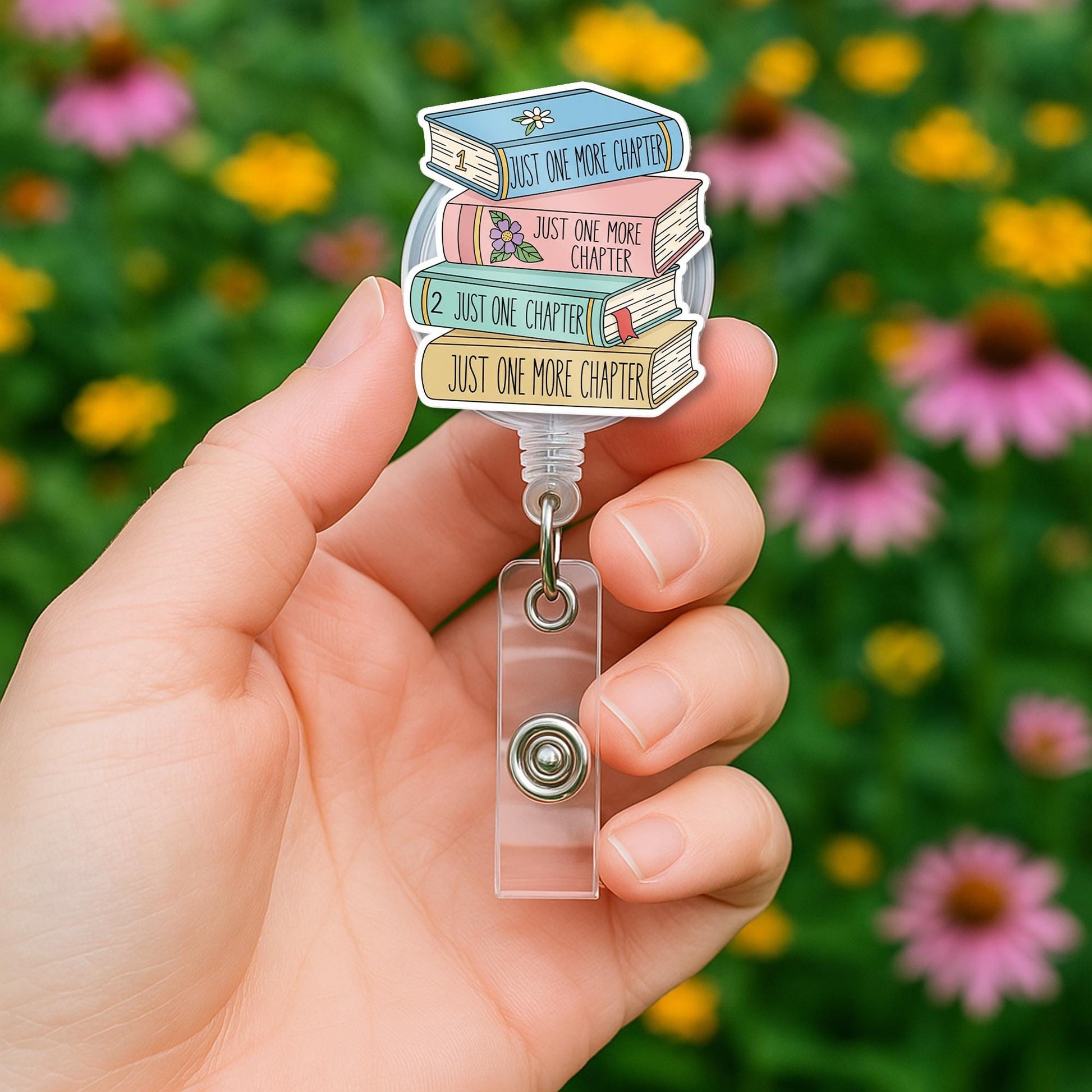 Just One More Chapter Badge Reel, Book Stack ID Holder, Cute Teacher Gift for Book Lovers, Librarian Badge Clip for Readers