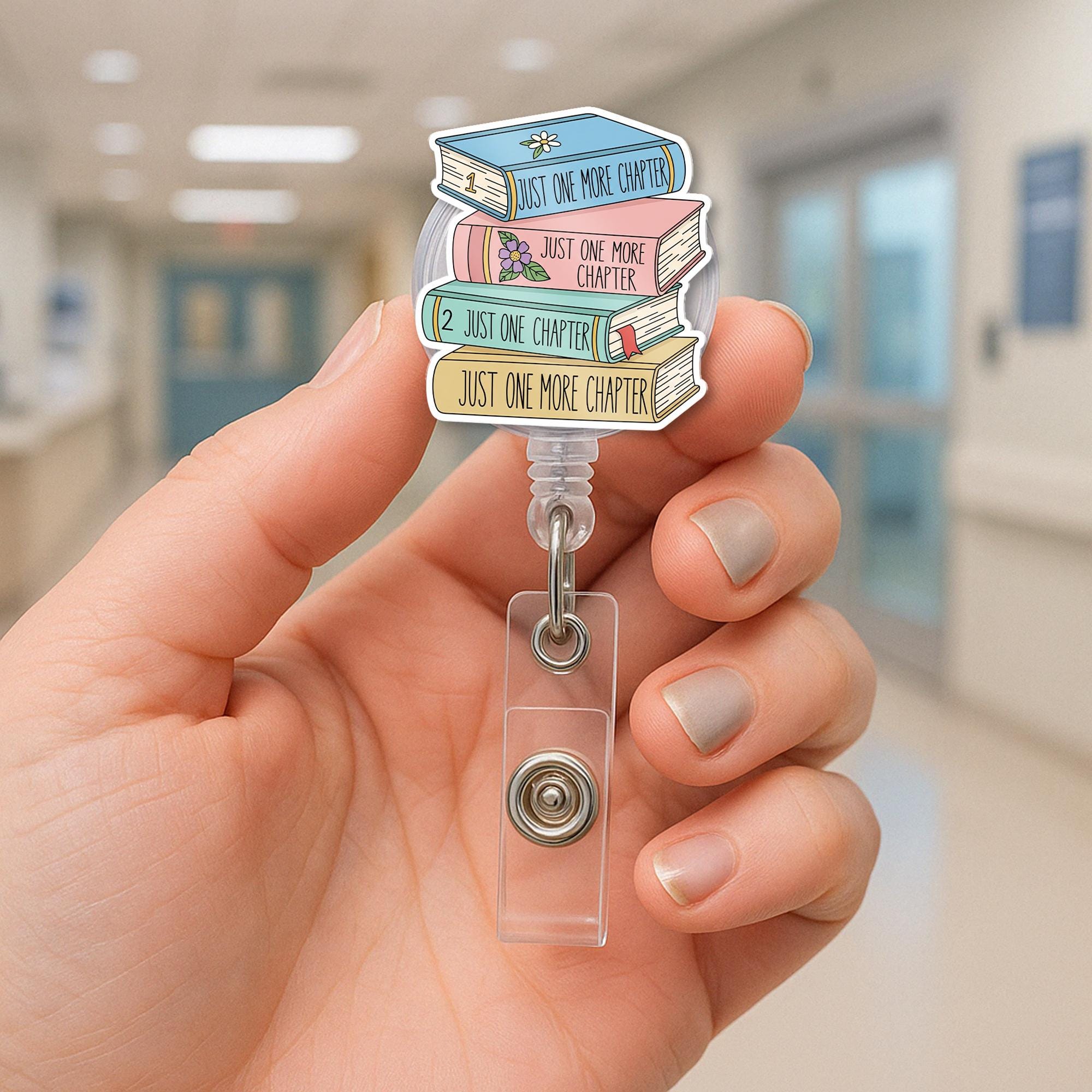 Just One More Chapter Badge Reel, Book Stack ID Holder, Cute Teacher Gift for Book Lovers, Librarian Badge Clip for Readers