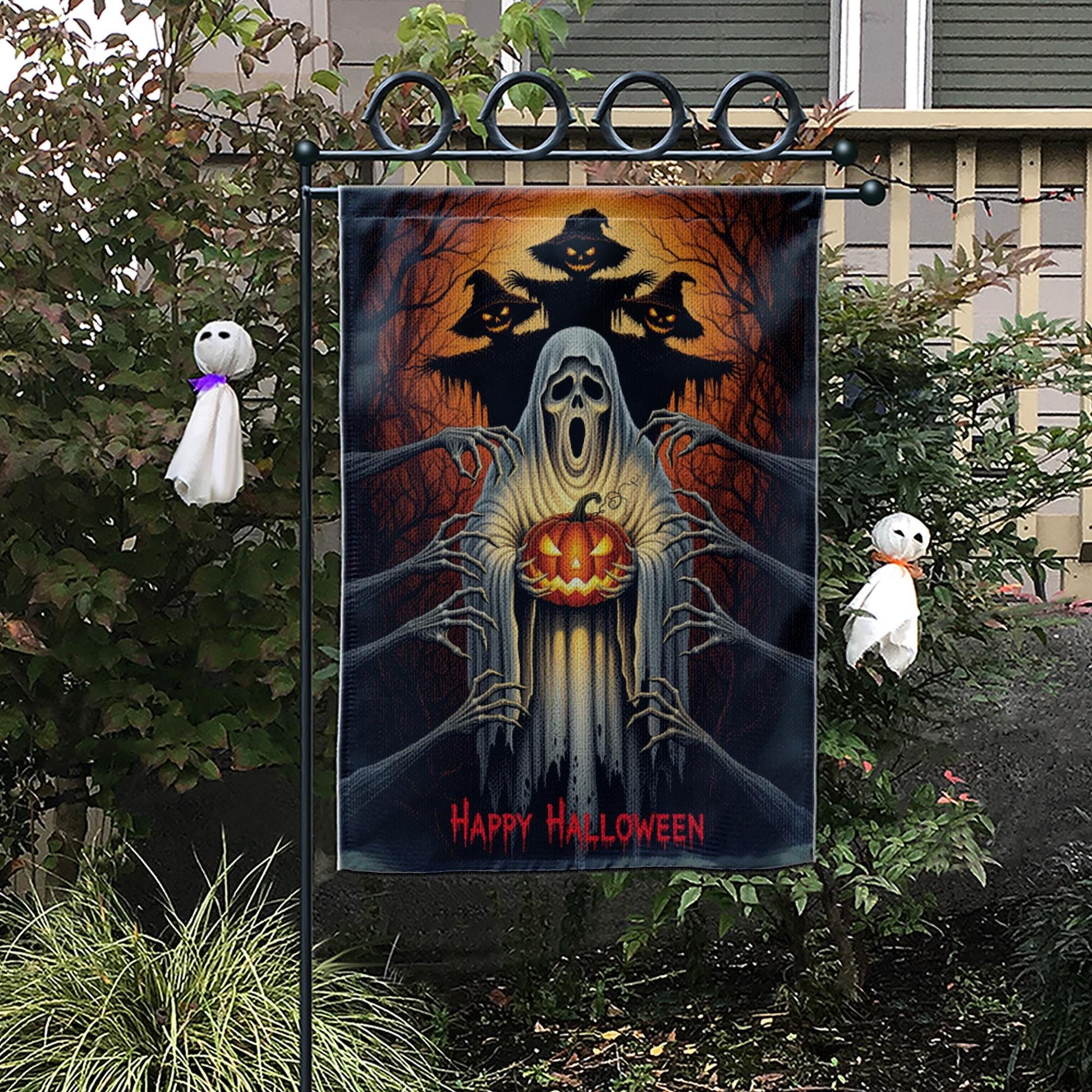 Scary Halloween Garden Flag, Ghost Pumpkin Yard Banner, Haunted Tree Decor, Creepy Spooky Outdoor Decoration, Happy Halloween Sign