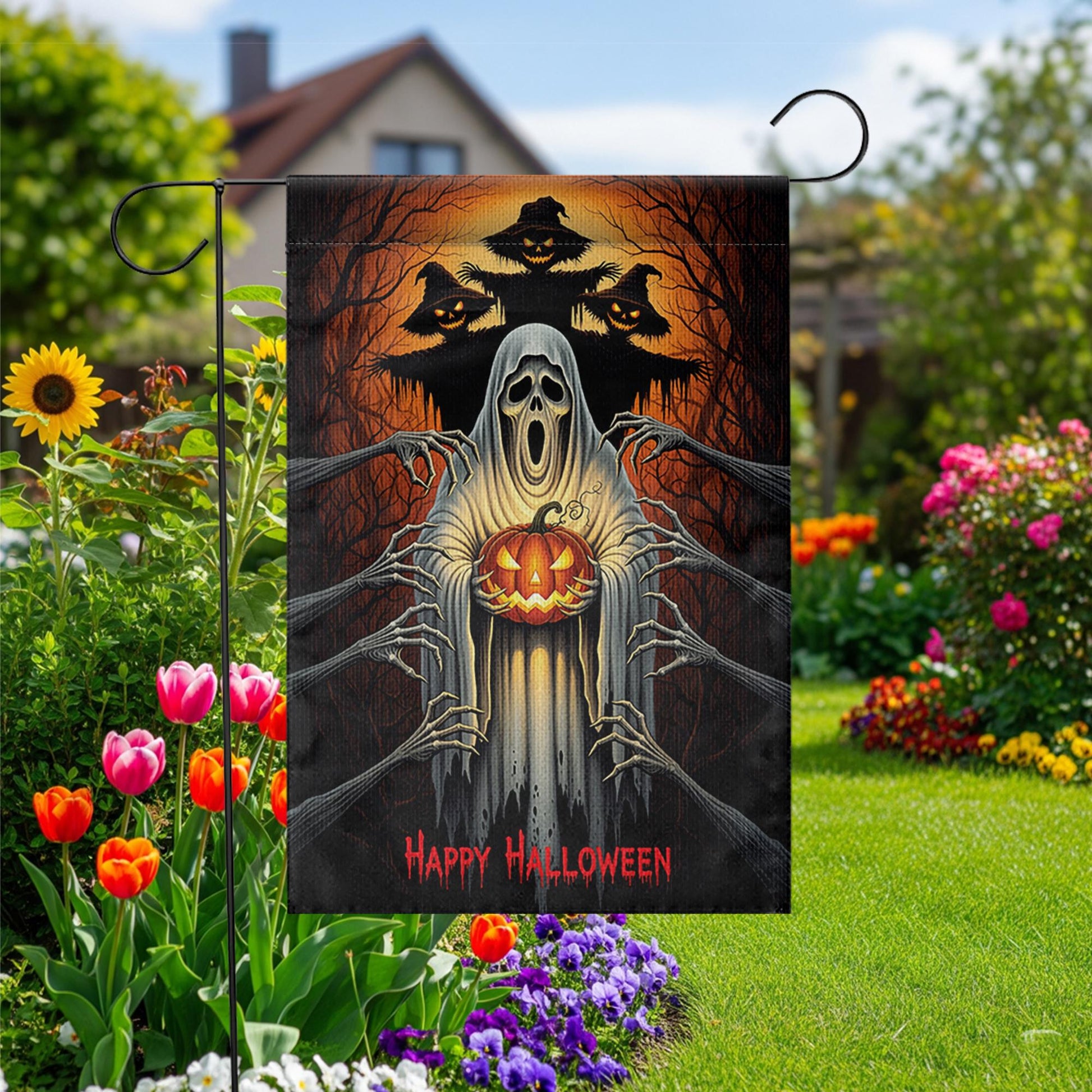 Scary Halloween Garden Flag, Ghost Pumpkin Yard Banner, Haunted Tree Decor, Creepy Spooky Outdoor Decoration, Happy Halloween Sign