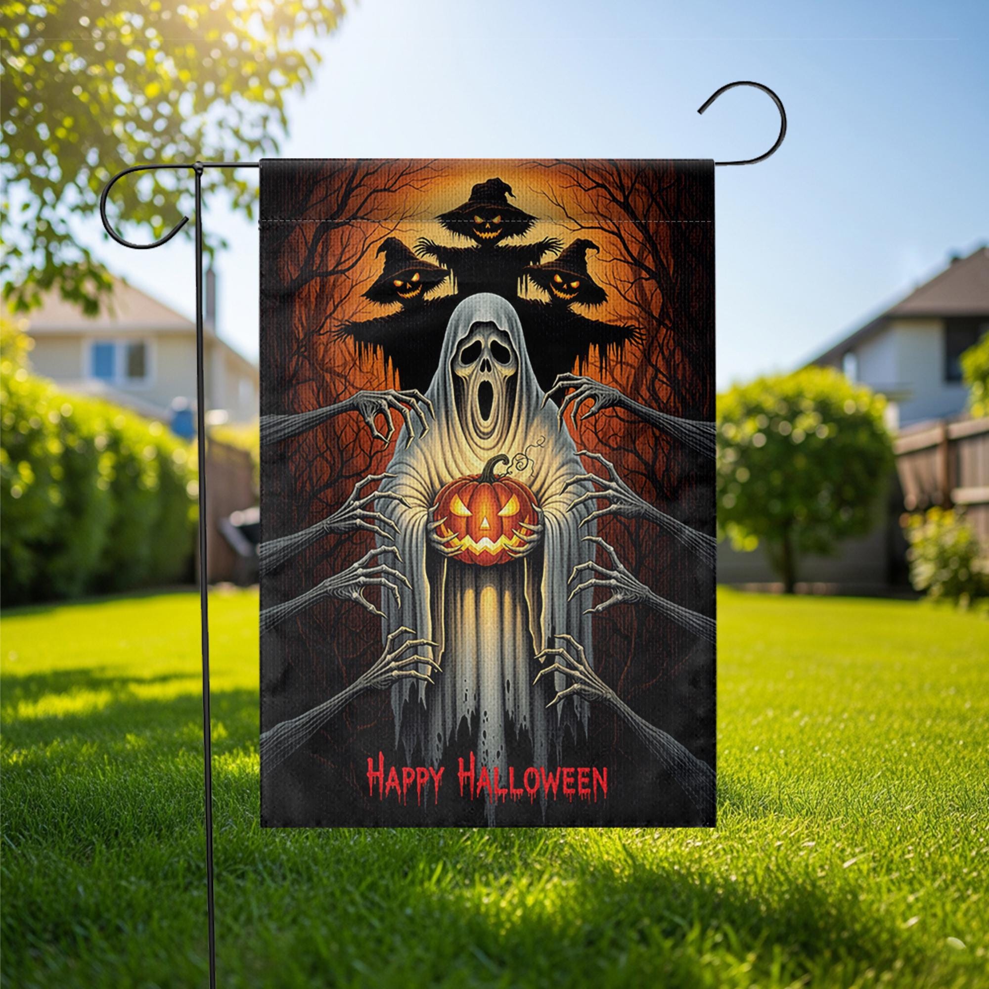 Scary Halloween Garden Flag, Ghost Pumpkin Yard Banner, Haunted Tree Decor, Creepy Spooky Outdoor Decoration, Happy Halloween Sign