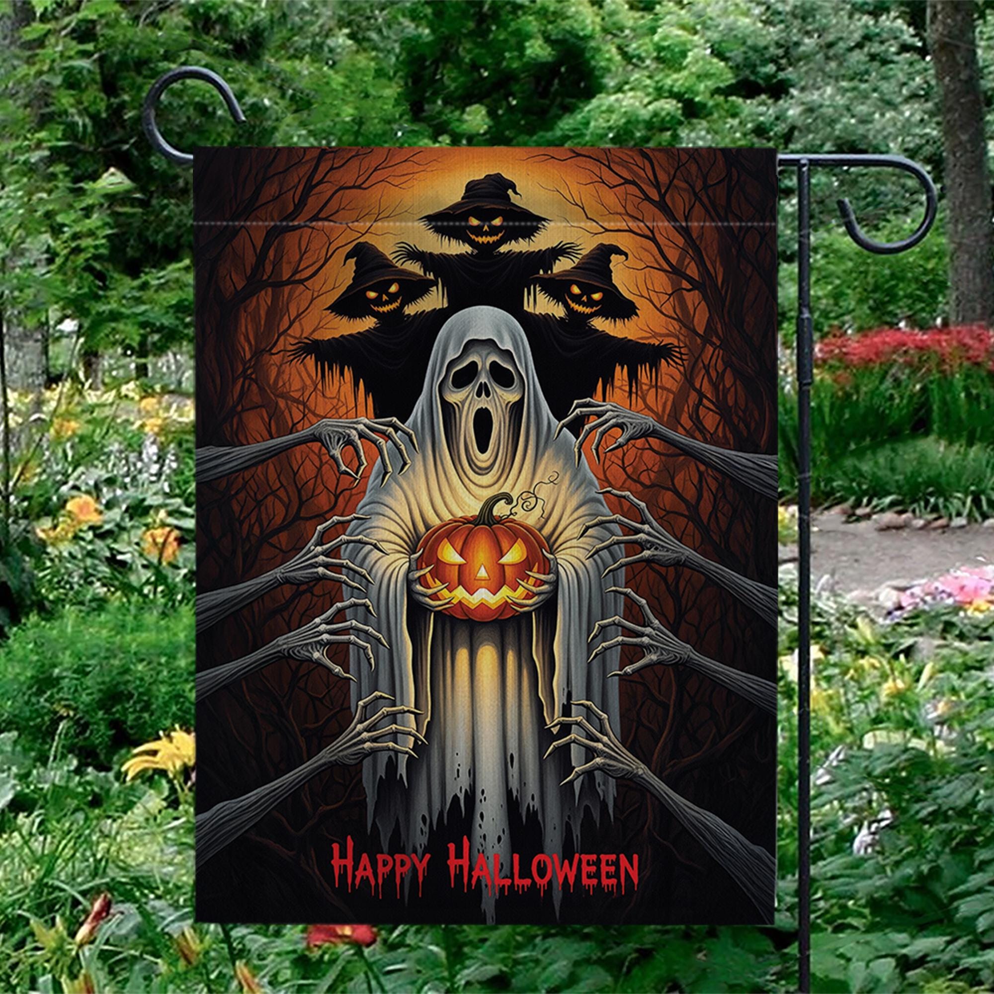 Scary Halloween Garden Flag, Ghost Pumpkin Yard Banner, Haunted Tree Decor, Creepy Spooky Outdoor Decoration, Happy Halloween Sign