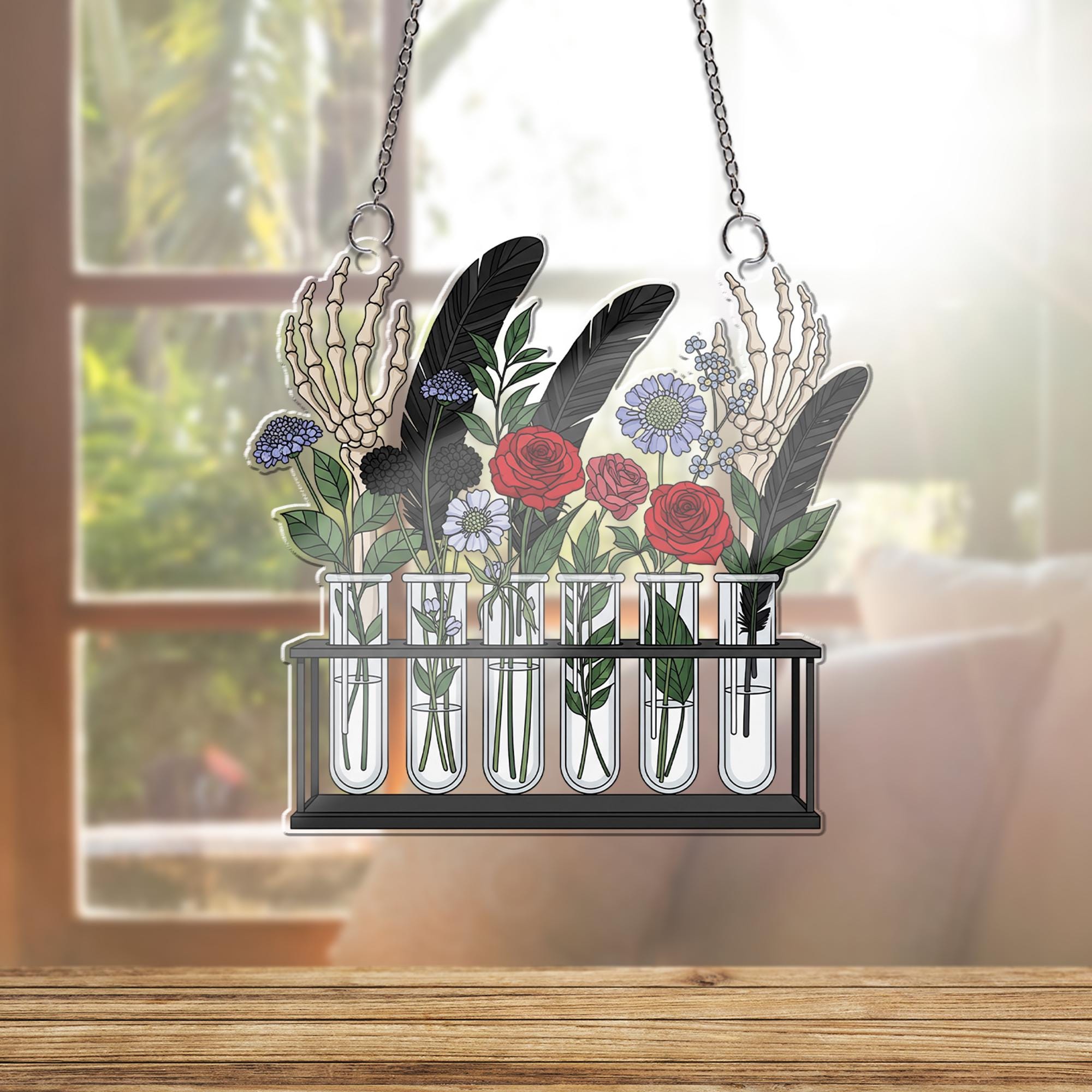 Gothic Test Tube Floral Suncatcher - Skeleton Hand Flower Window Hanging, Dark Academia Botanical Decor for Alternative Home Style