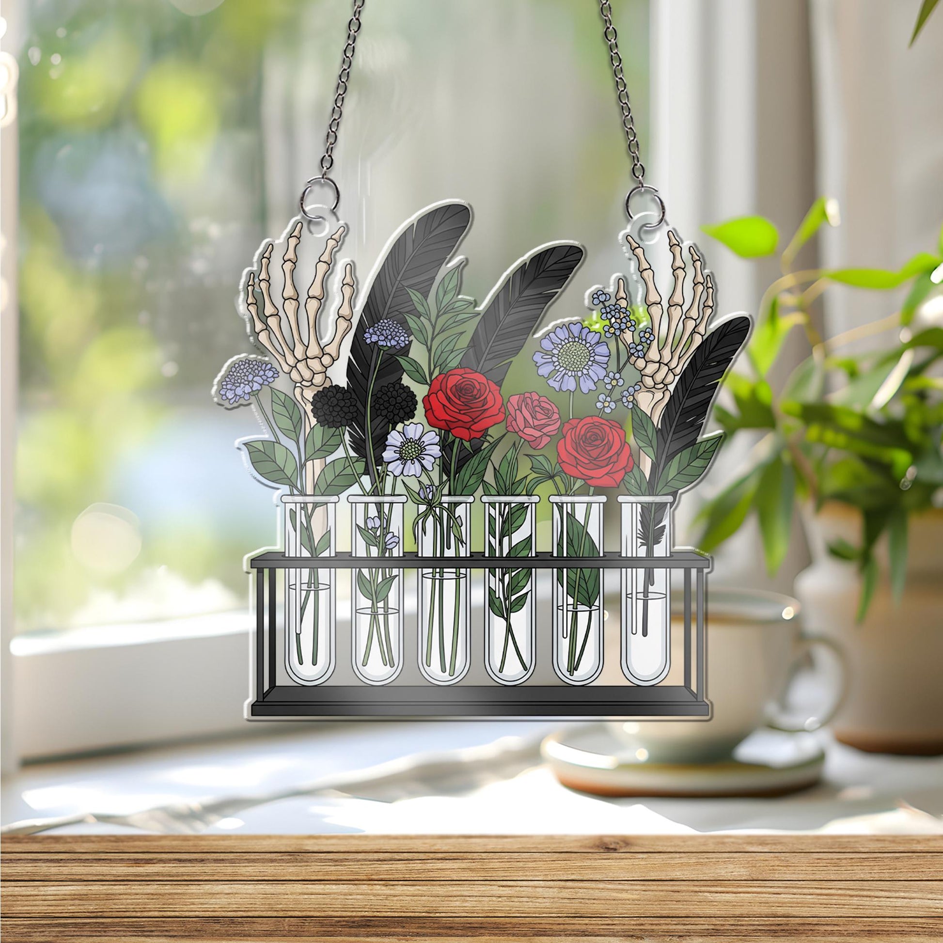 Gothic Test Tube Floral Suncatcher - Skeleton Hand Flower Window Hanging, Dark Academia Botanical Decor for Alternative Home Style