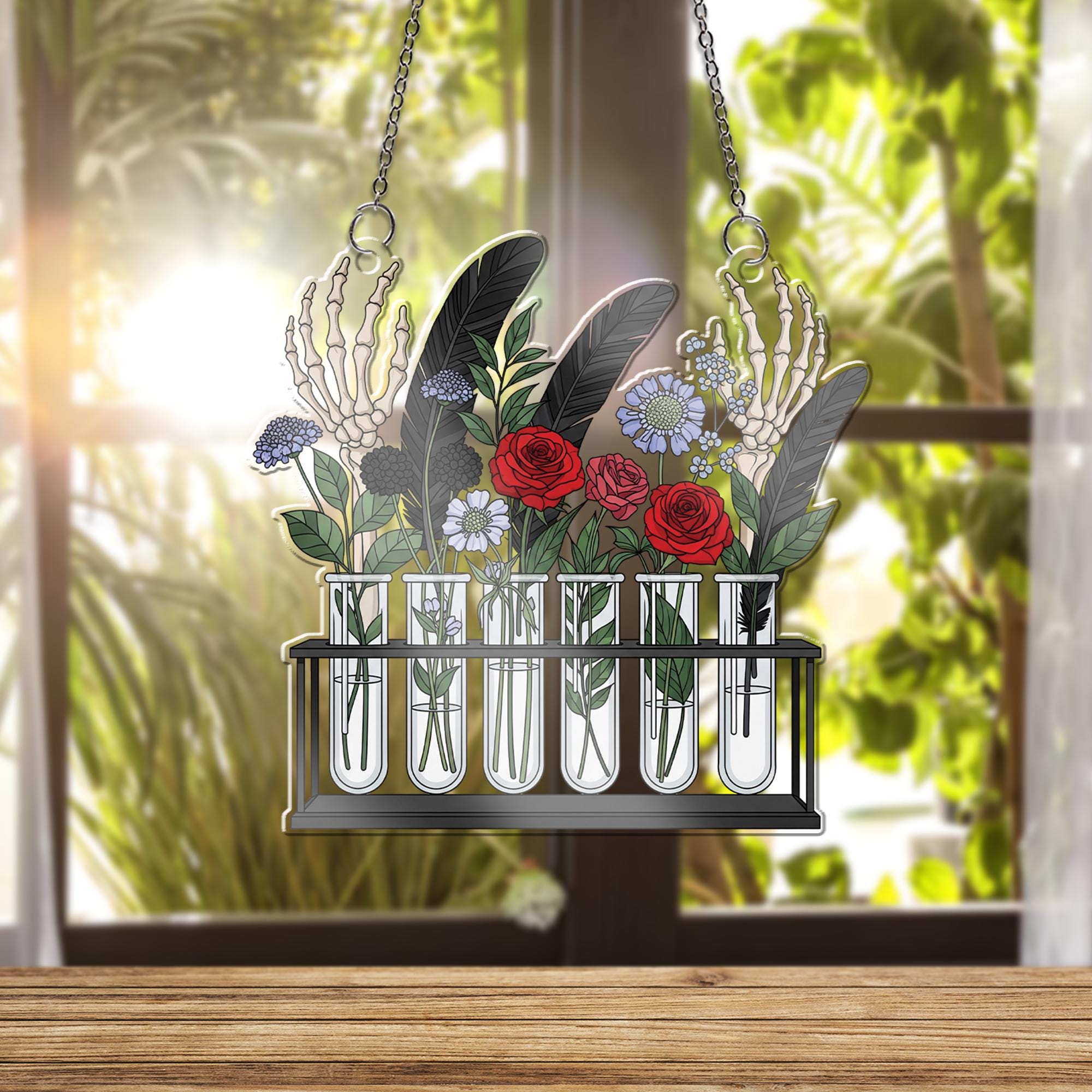 Gothic Test Tube Floral Suncatcher - Skeleton Hand Flower Window Hanging, Dark Academia Botanical Decor for Alternative Home Style