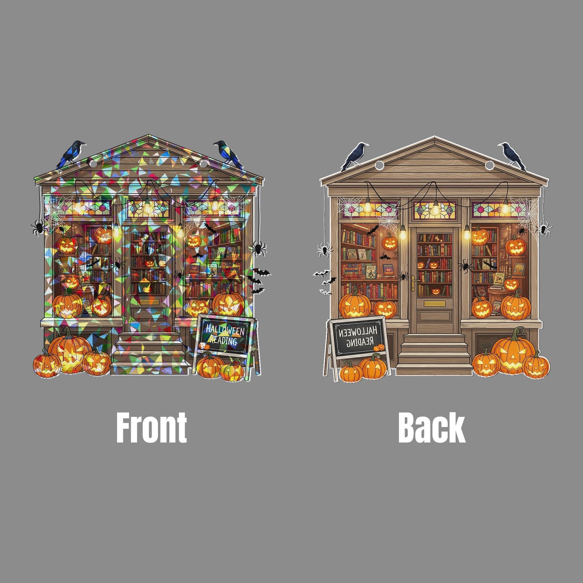 Halloween Bookshop Suncatcher - Spooky Reading Decor - Pumpkin Library Window Art