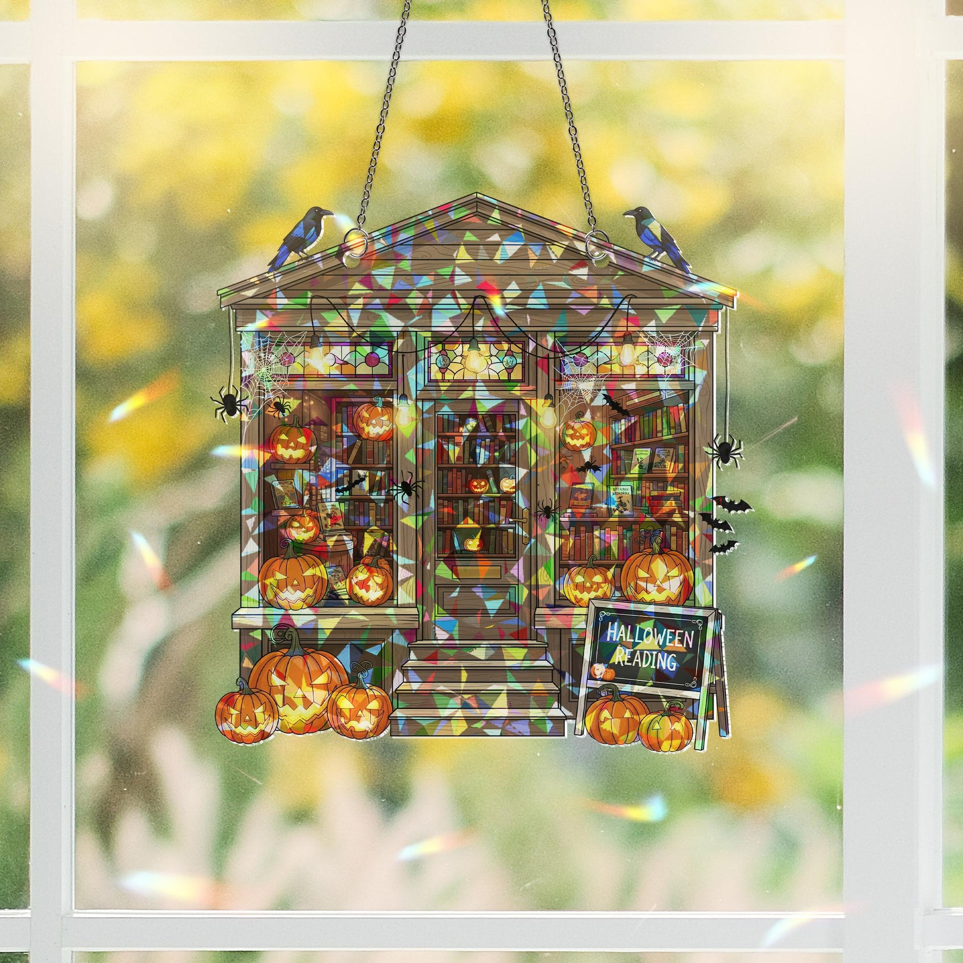 Halloween Bookshop Suncatcher - Spooky Reading Decor - Pumpkin Library Window Art