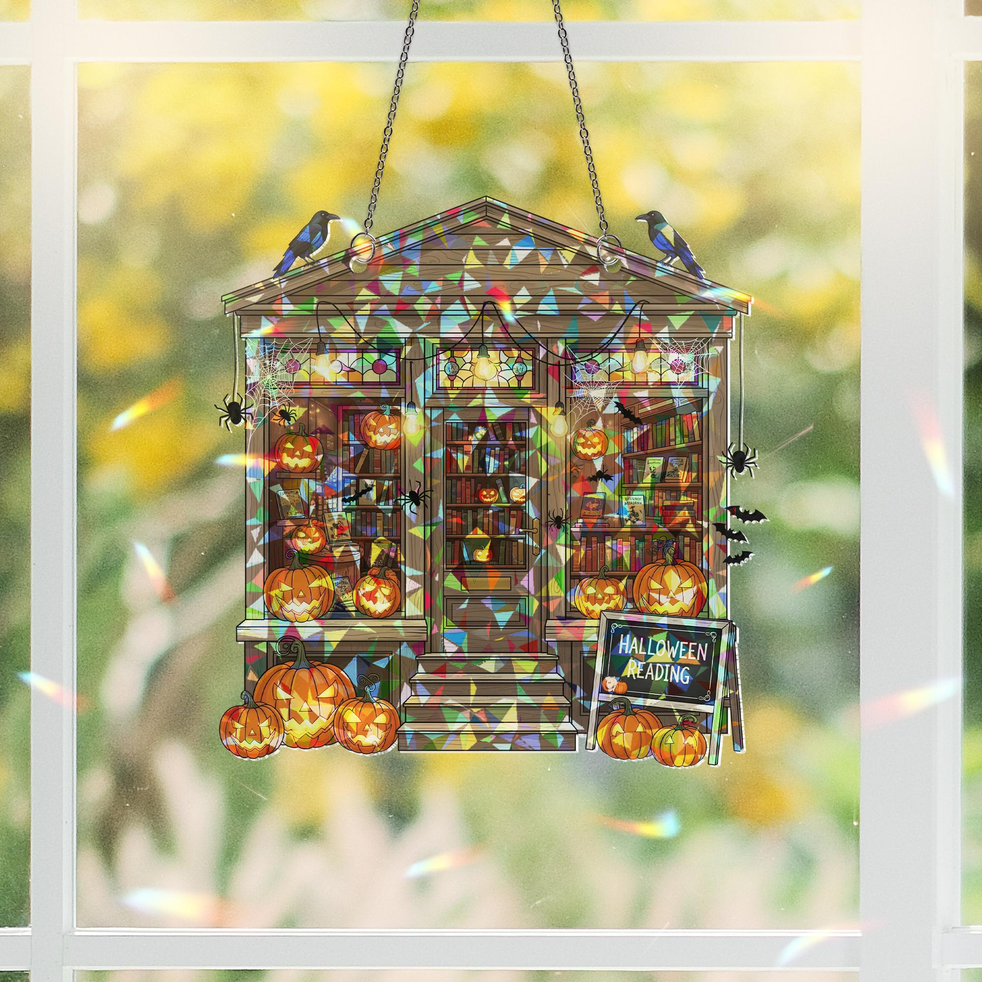 Halloween Bookshop Suncatcher - Spooky Reading Decor - Pumpkin Library Window Art