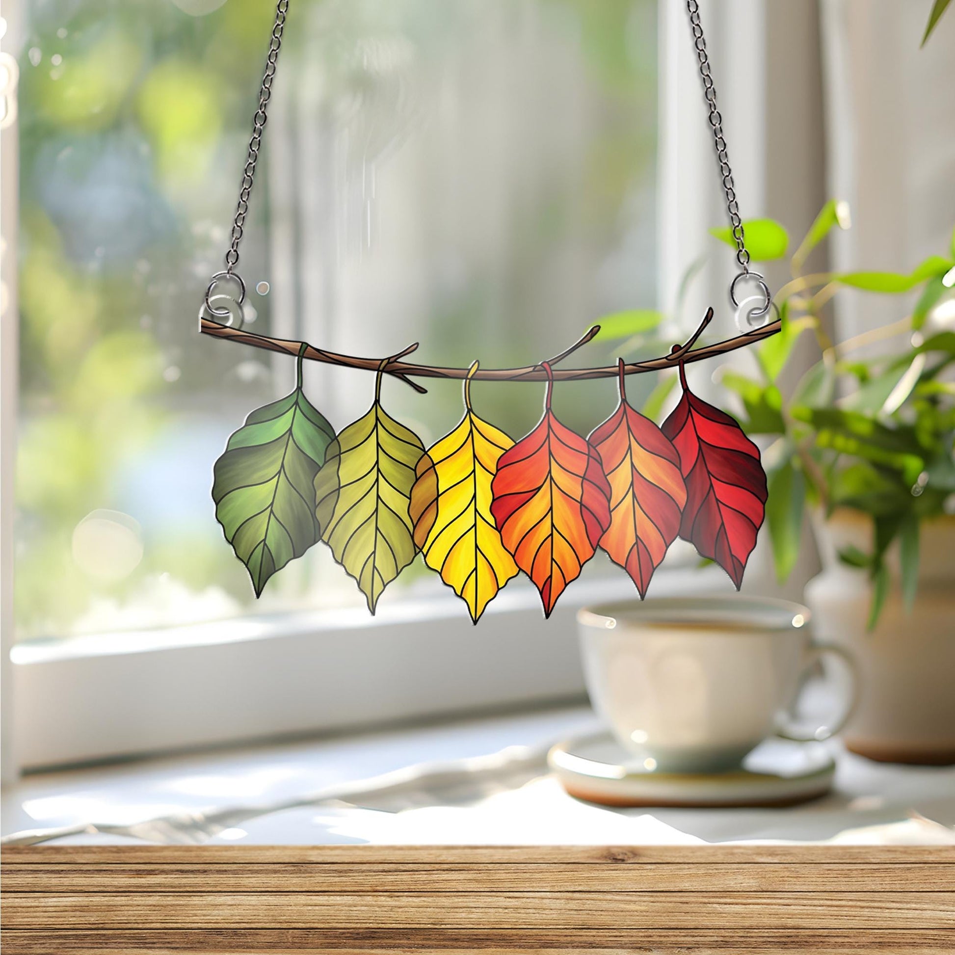 Autumn Leaves Suncatcher - Rainbow Fall Leaf Window Hanging Decor, Stained Glass Style Branch Garland for Cozy Seasonal Home Accent