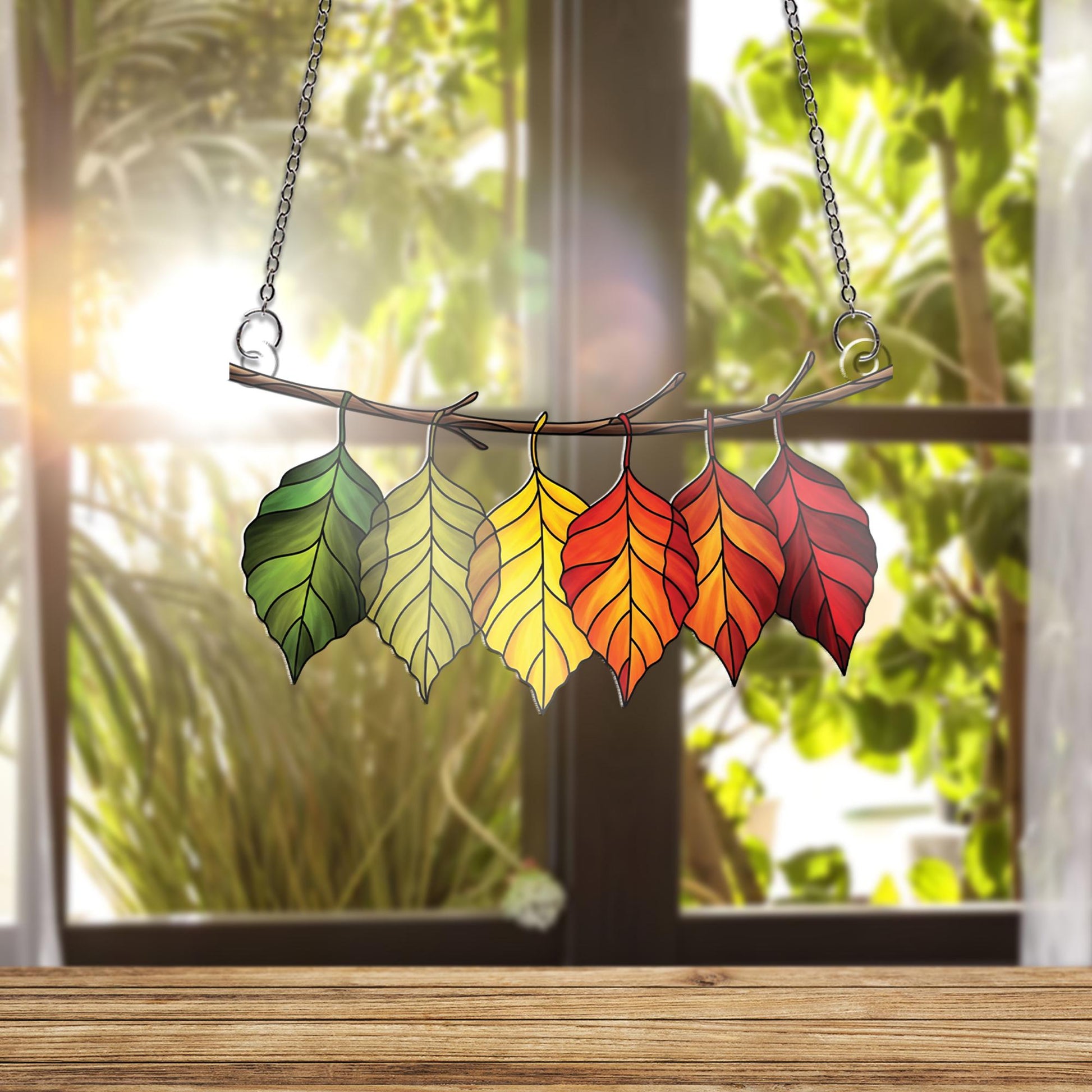 Autumn Leaves Suncatcher - Rainbow Fall Leaf Window Hanging Decor, Stained Glass Style Branch Garland for Cozy Seasonal Home Accent