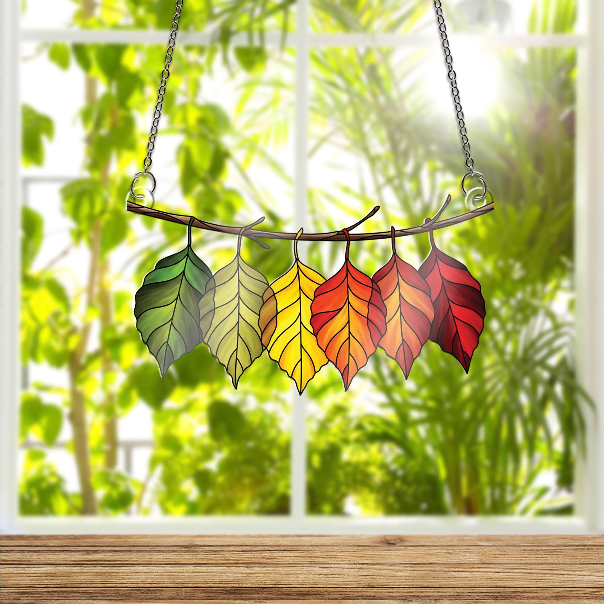 Autumn Leaves Suncatcher - Rainbow Fall Leaf Window Hanging Decor, Stained Glass Style Branch Garland for Cozy Seasonal Home Accent