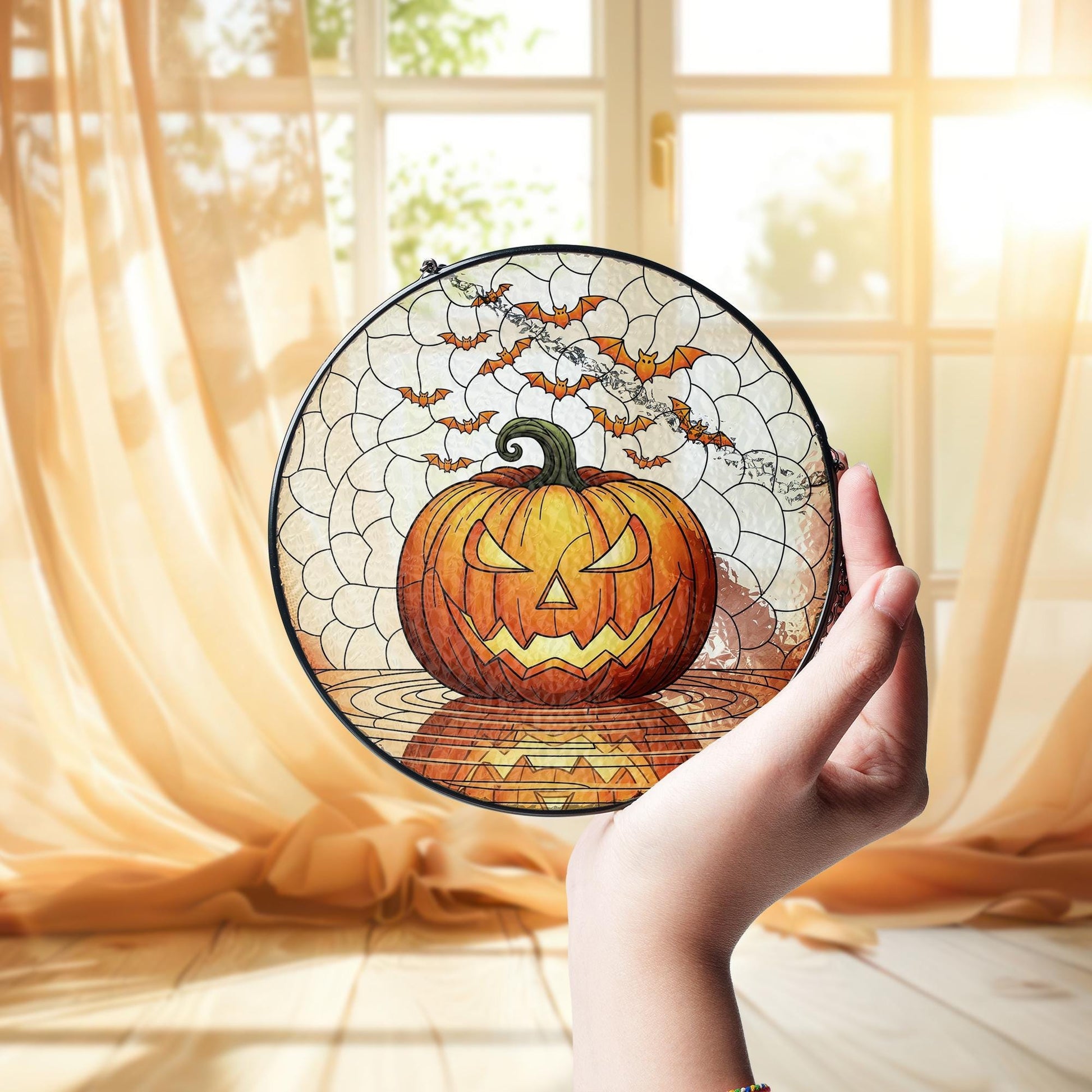 Jack-O'-Lantern Stained Glass Suncatcher, Halloween Pumpkin Window Hanging, Spooky Bat Decor, Fall Gothic Home Accent