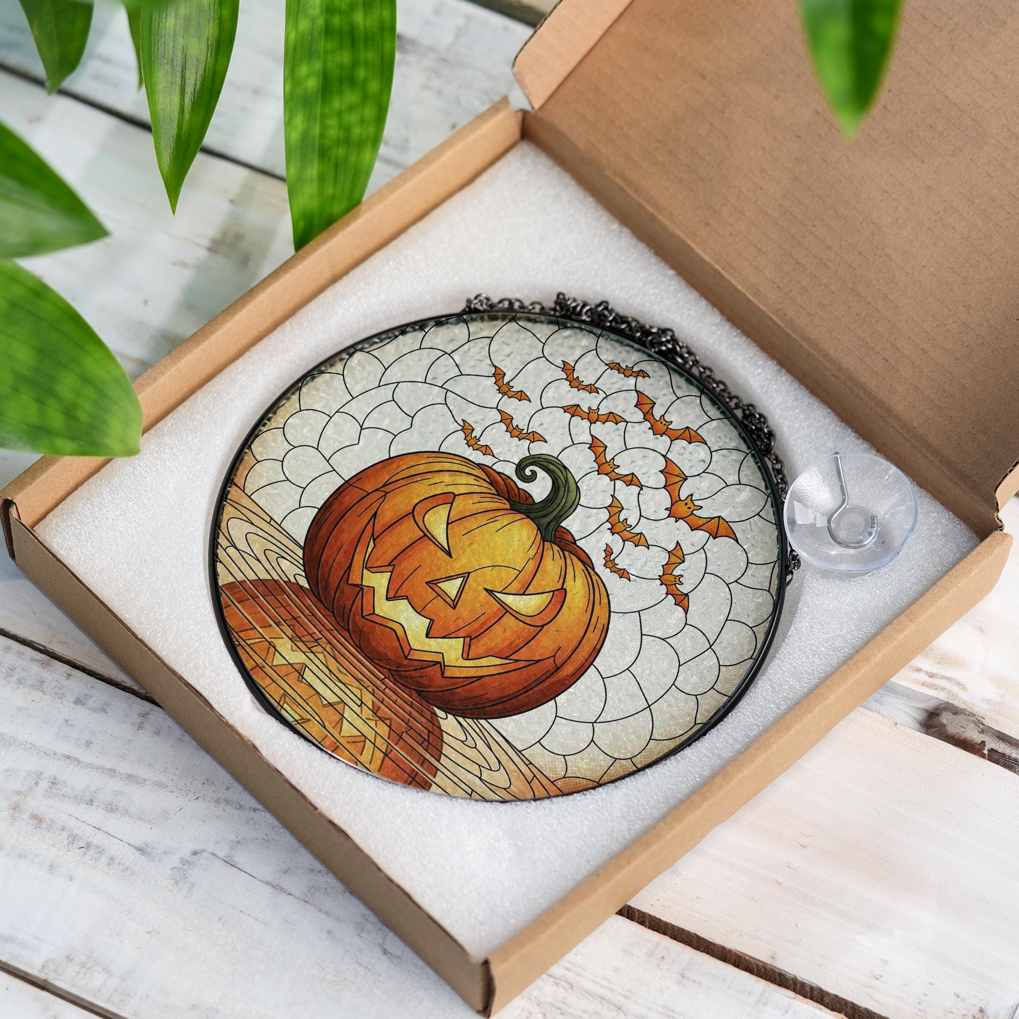 Jack-O'-Lantern Stained Glass Suncatcher, Halloween Pumpkin Window Hanging, Spooky Bat Decor, Fall Gothic Home Accent