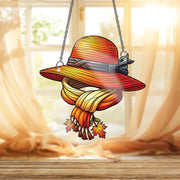 Autumn Hat & Scarf Ornament , Fall Window Hanging with Leaves, Cozy Rustic Seasonal Home Decor Gift