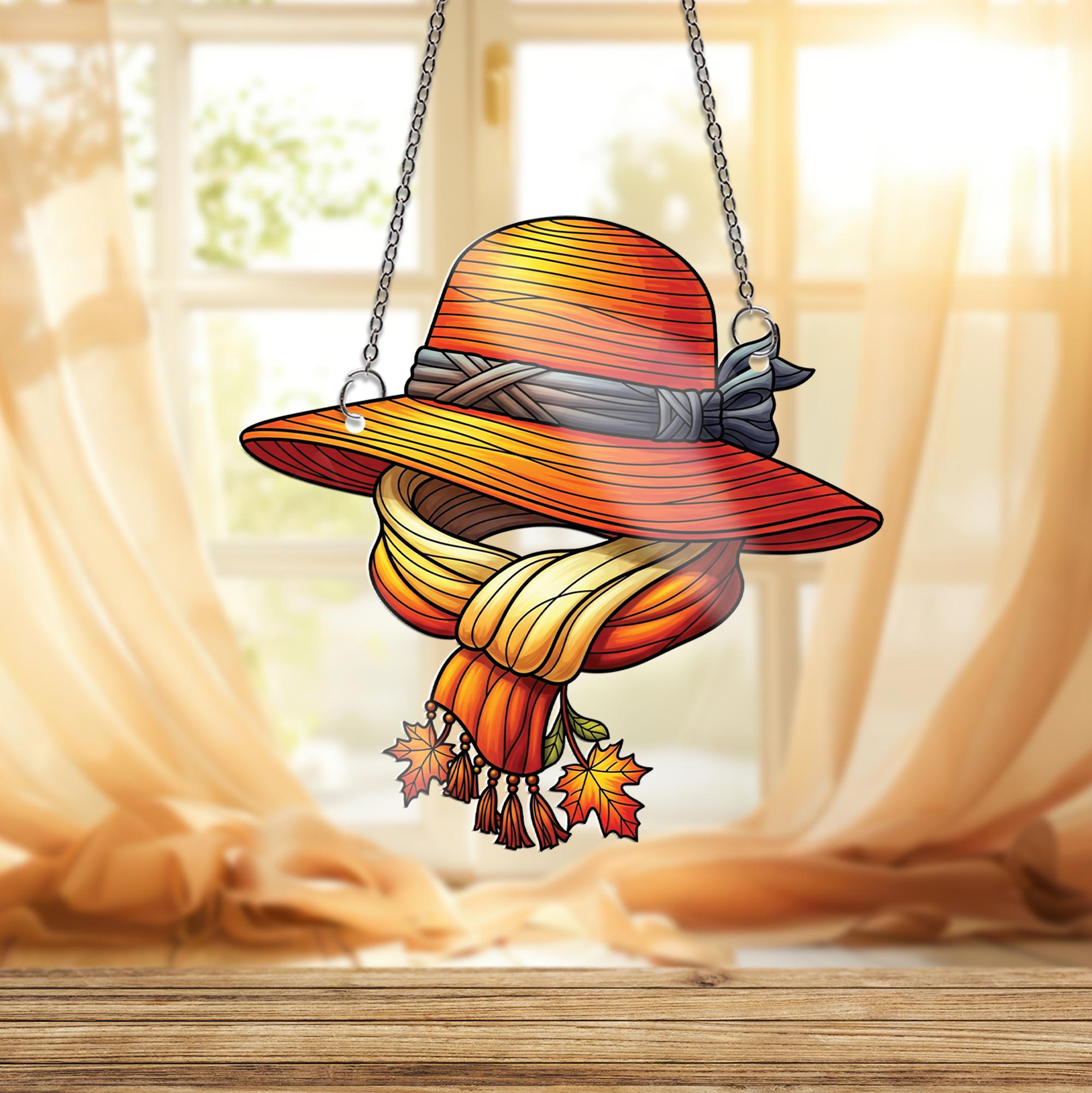 Autumn Hat & Scarf Ornament , Fall Window Hanging with Leaves, Cozy Rustic Seasonal Home Decor Gift