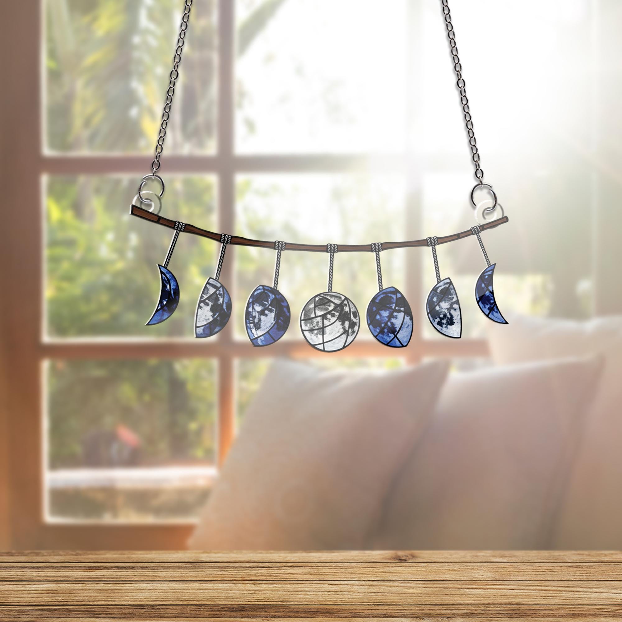 Moon Phase Suncatcher - Celestial Blue Moon Garland Window Hanging, Stained Glass Style Lunar Decor for Witchy or Boho Home Vibes