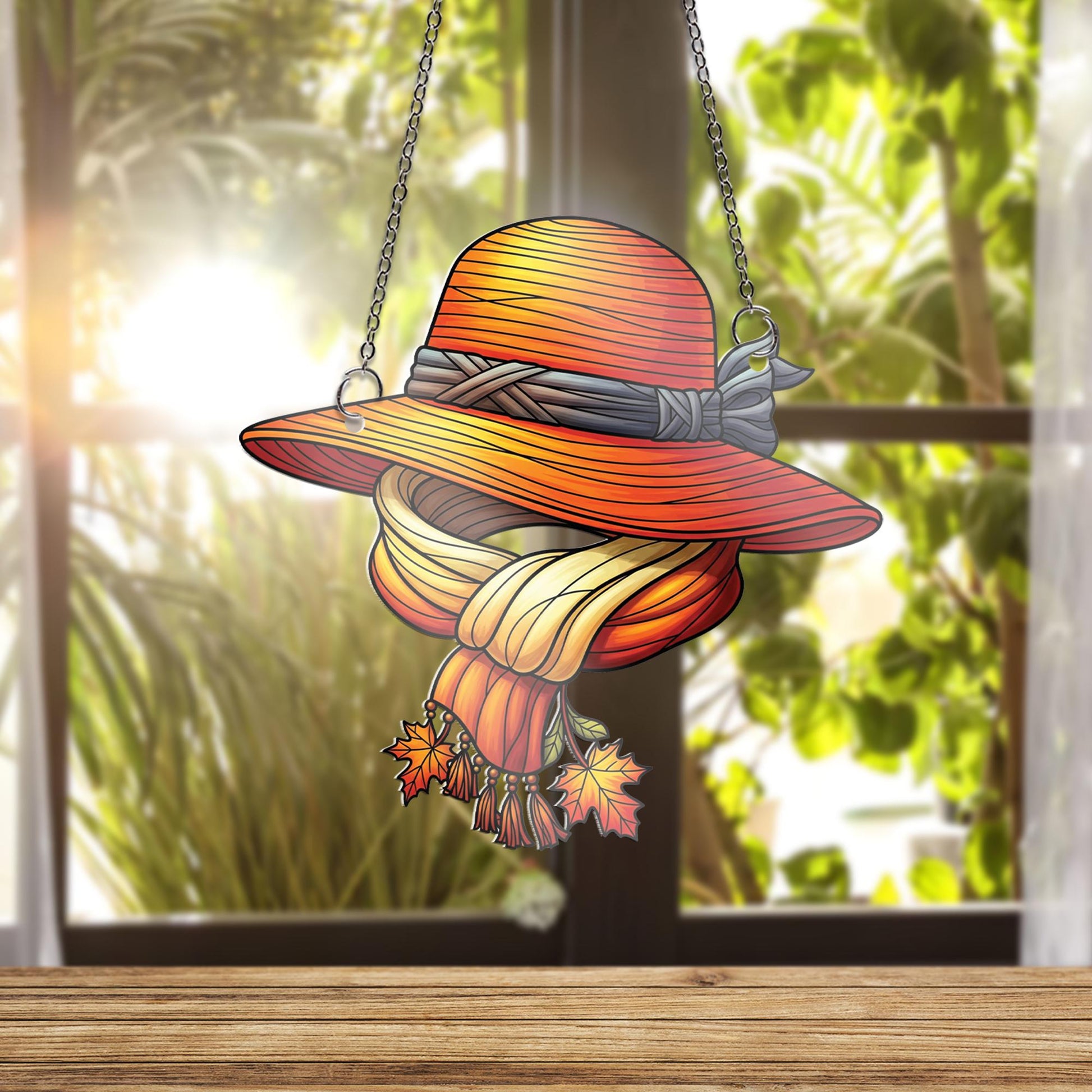Autumn Hat & Scarf Ornament , Fall Window Hanging with Leaves, Cozy Rustic Seasonal Home Decor Gift