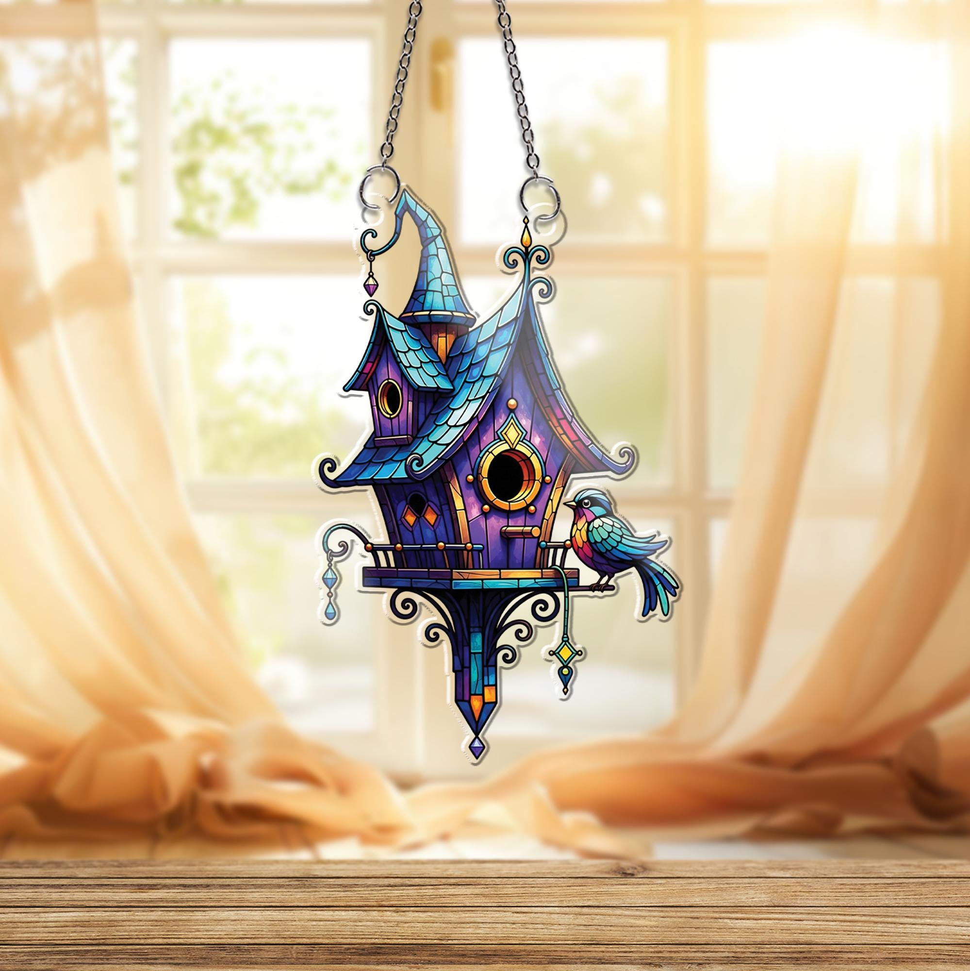 Whimsical Birdhouse Suncatcher - Stained Glass Style Window Hanging with Colorful Roof and Bird, Cottagecore Fairy Garden Home Decor
