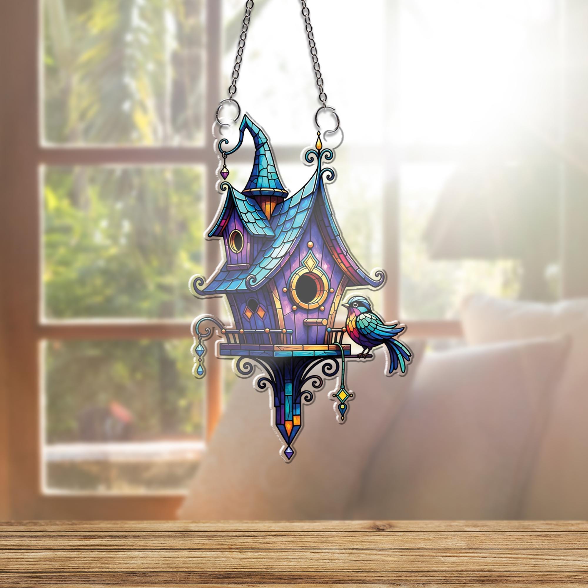 Whimsical Birdhouse Suncatcher - Stained Glass Style Window Hanging with Colorful Roof and Bird, Cottagecore Fairy Garden Home Decor