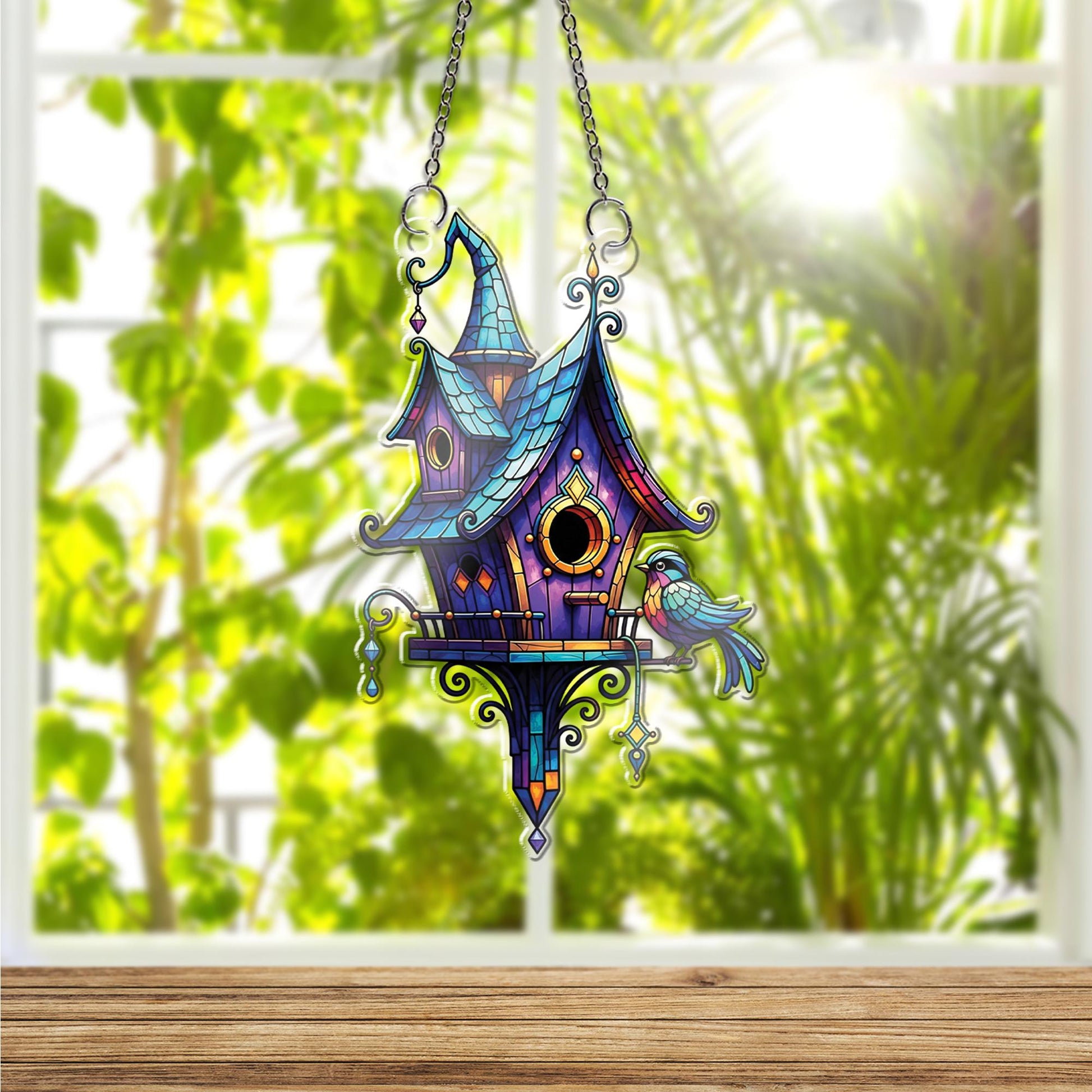 Whimsical Birdhouse Suncatcher - Stained Glass Style Window Hanging with Colorful Roof and Bird, Cottagecore Fairy Garden Home Decor