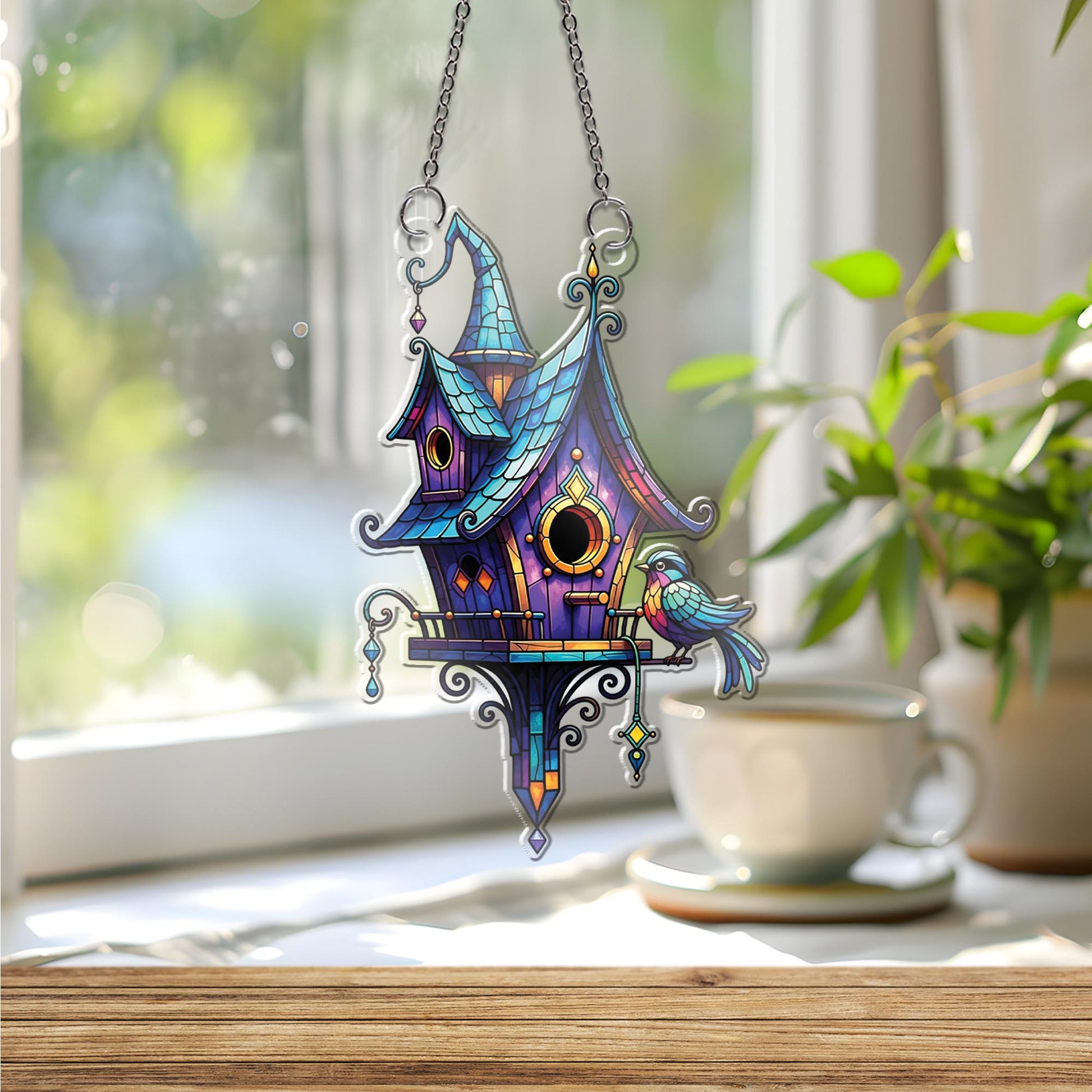 Whimsical Birdhouse Suncatcher - Stained Glass Style Window Hanging with Colorful Roof and Bird, Cottagecore Fairy Garden Home Decor