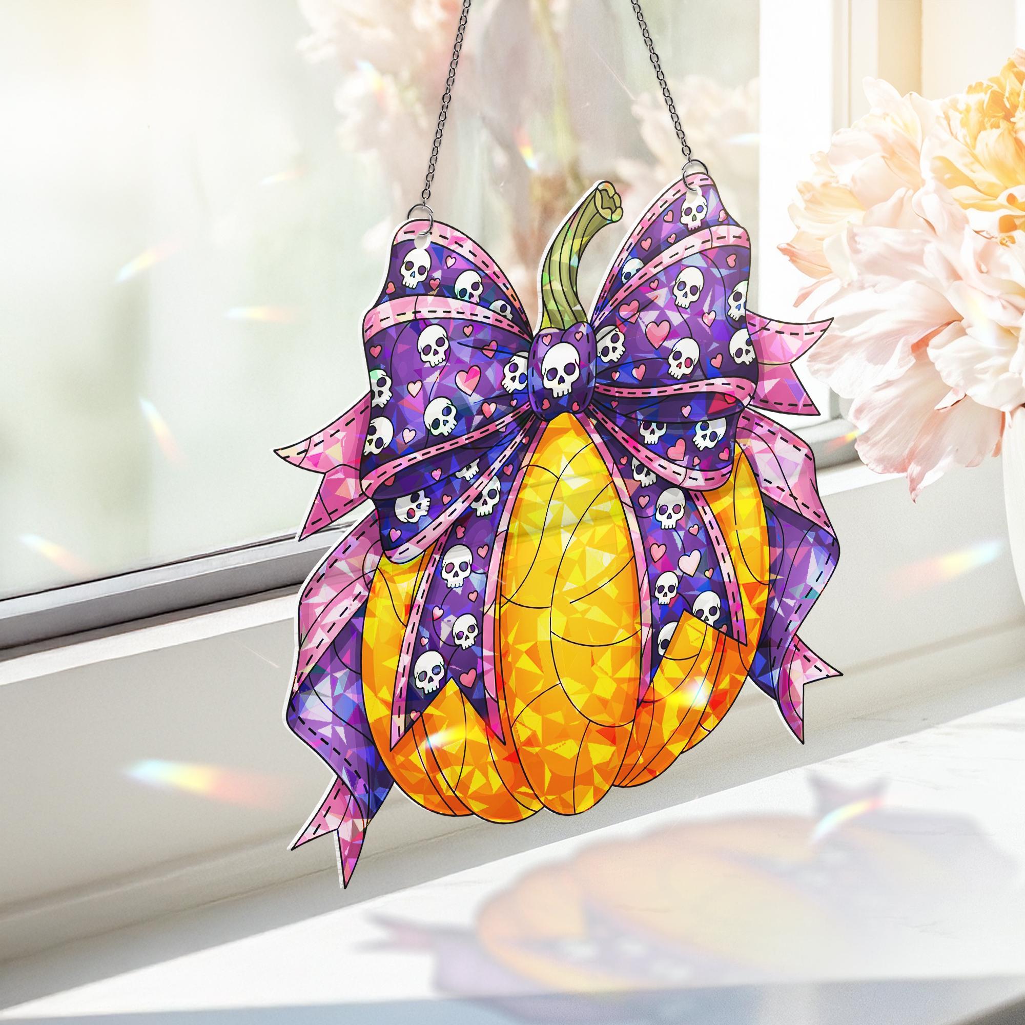 Halloween Pumpkin Suncatcher with Skull Bow - Cute Spooky Window Decor