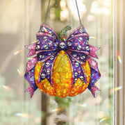 Halloween Pumpkin Suncatcher with Skull Bow - Cute Spooky Window Decor