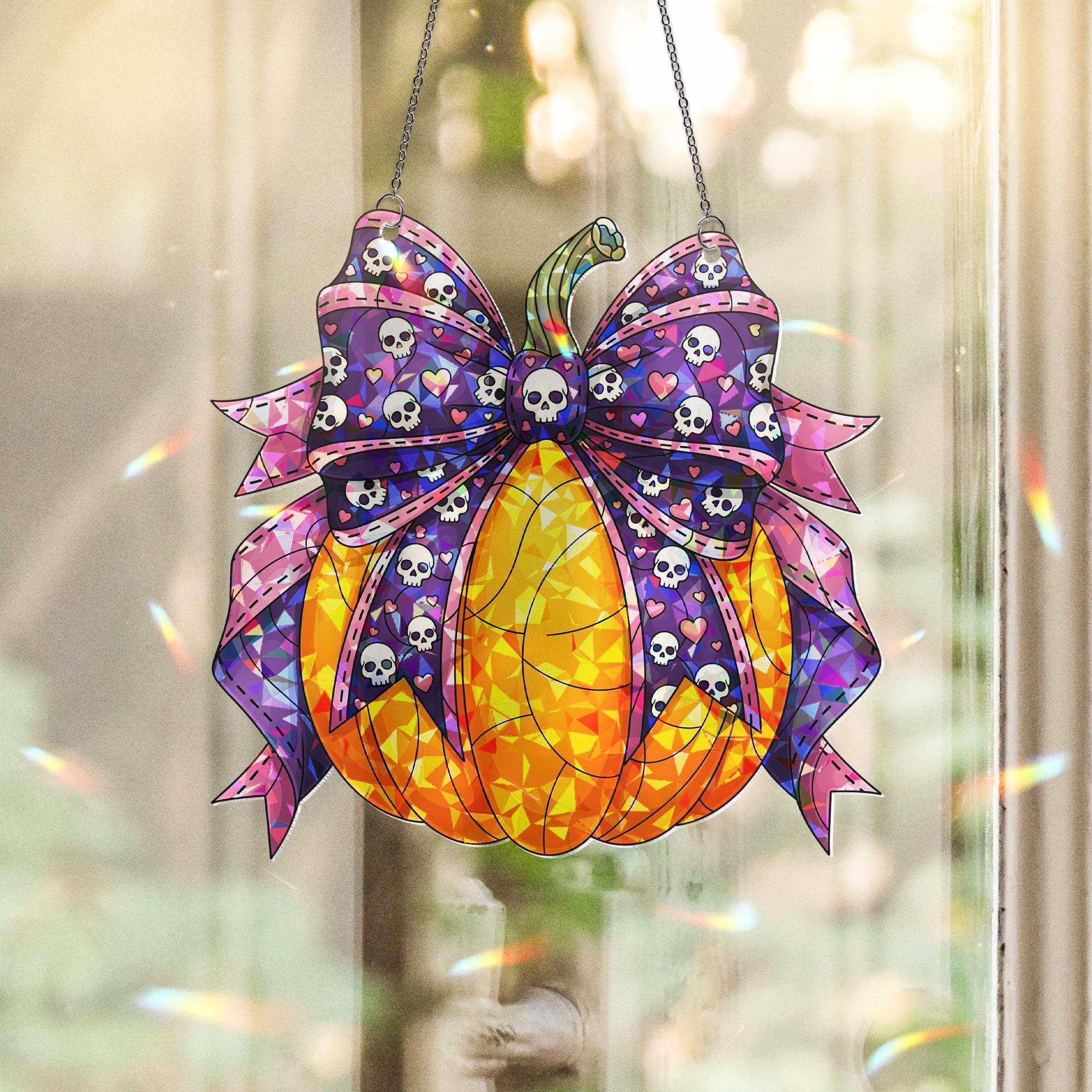 Halloween Pumpkin Suncatcher with Skull Bow - Cute Spooky Window Decor