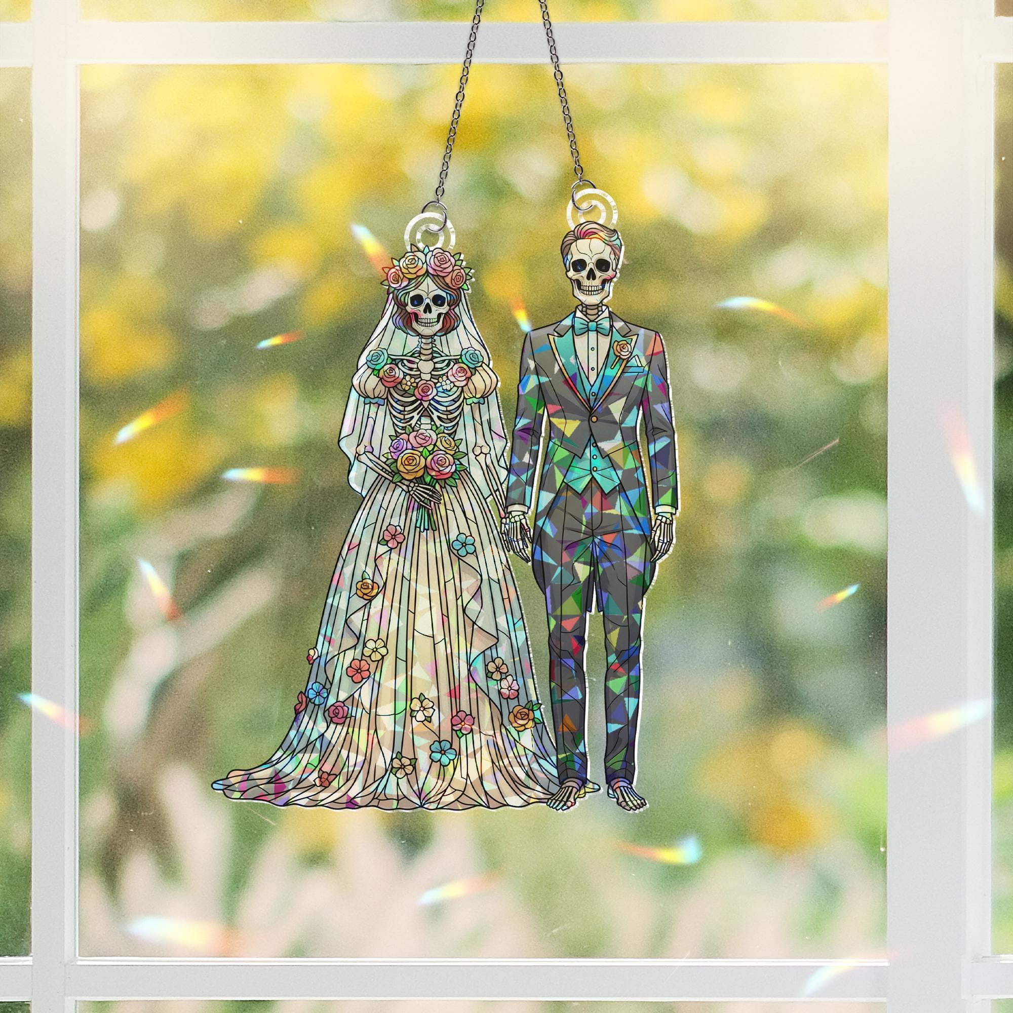 Skeleton Wedding Couple Suncatcher - Gothic Halloween Bride and Groom Decor