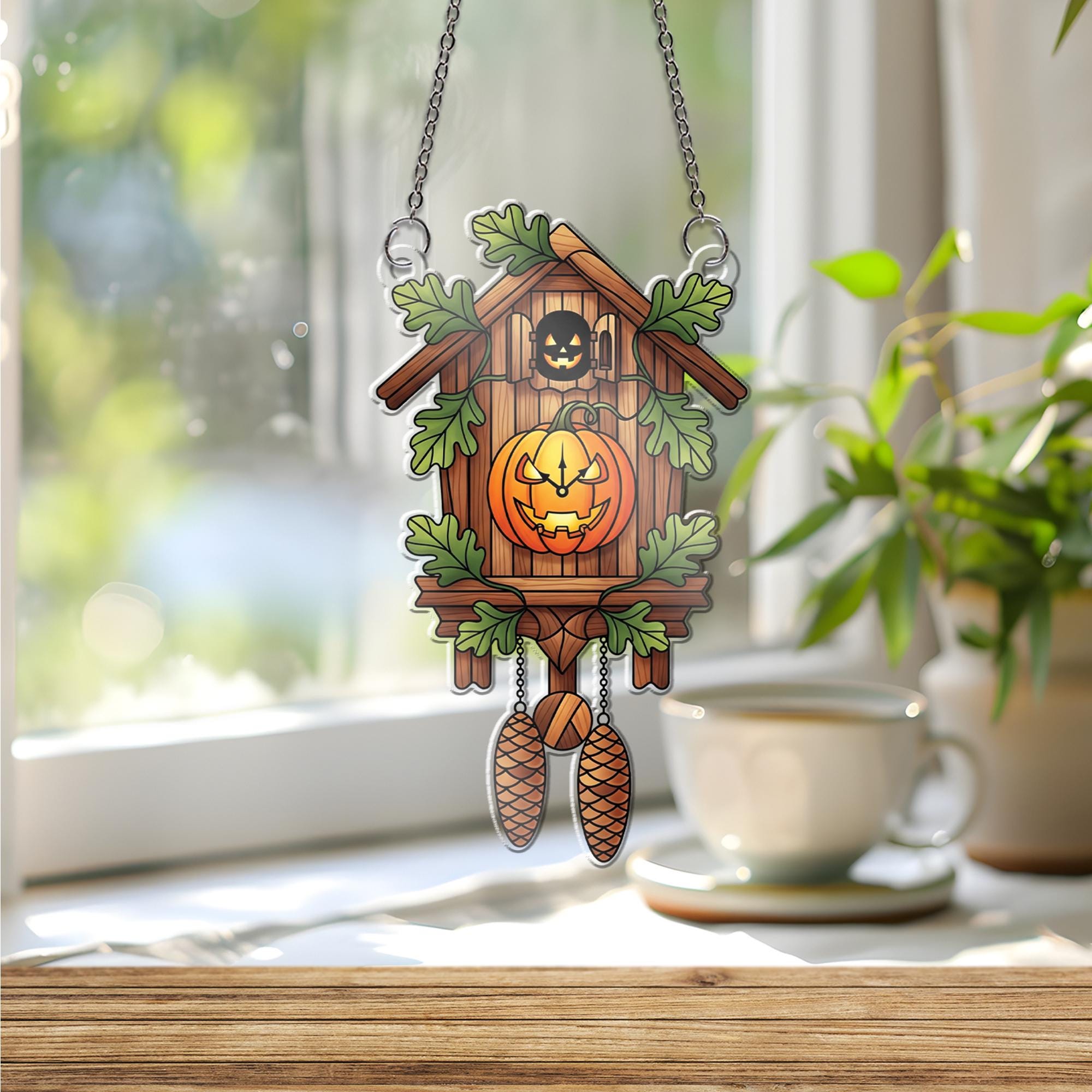 Halloween Cuckoo Clock Ornament , Pumpkin Jack O Lantern Window Hanging, Fall Rustic Spooky Decor for Home or Gift