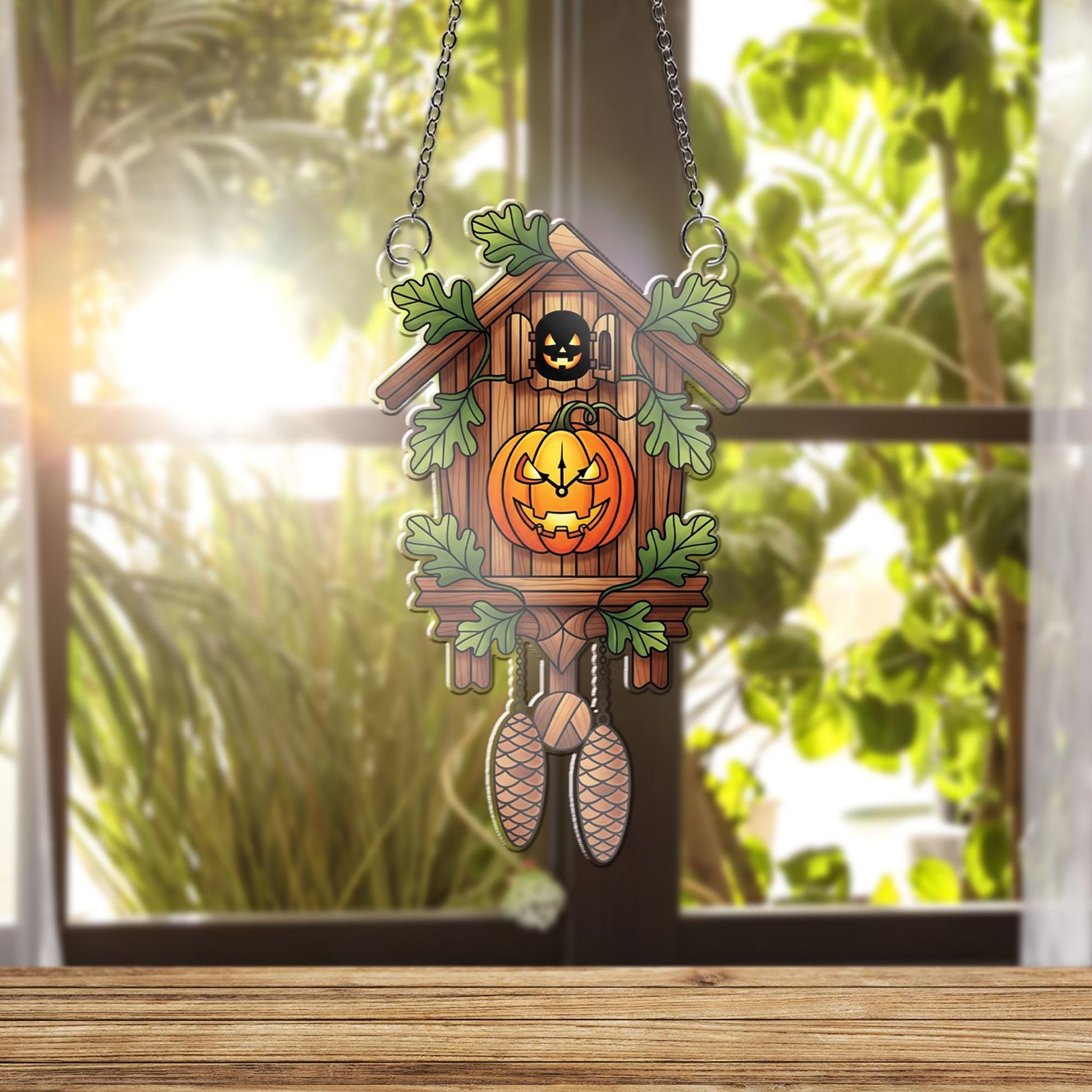 Halloween Cuckoo Clock Ornament , Pumpkin Jack O Lantern Window Hanging, Fall Rustic Spooky Decor for Home or Gift
