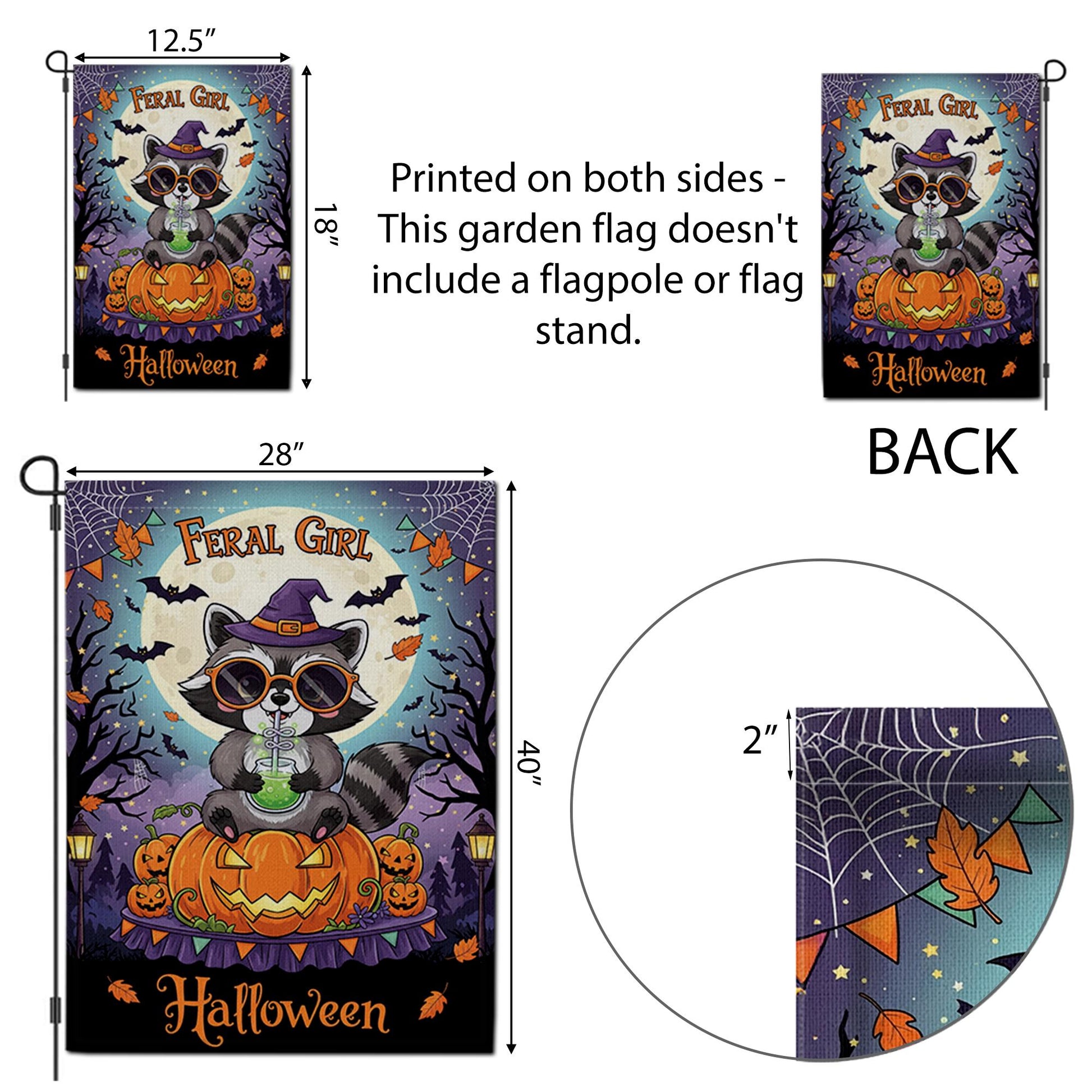 Feral Girl Halloween Garden Flag - Cute Witch Raccoon Fall Yard Decor