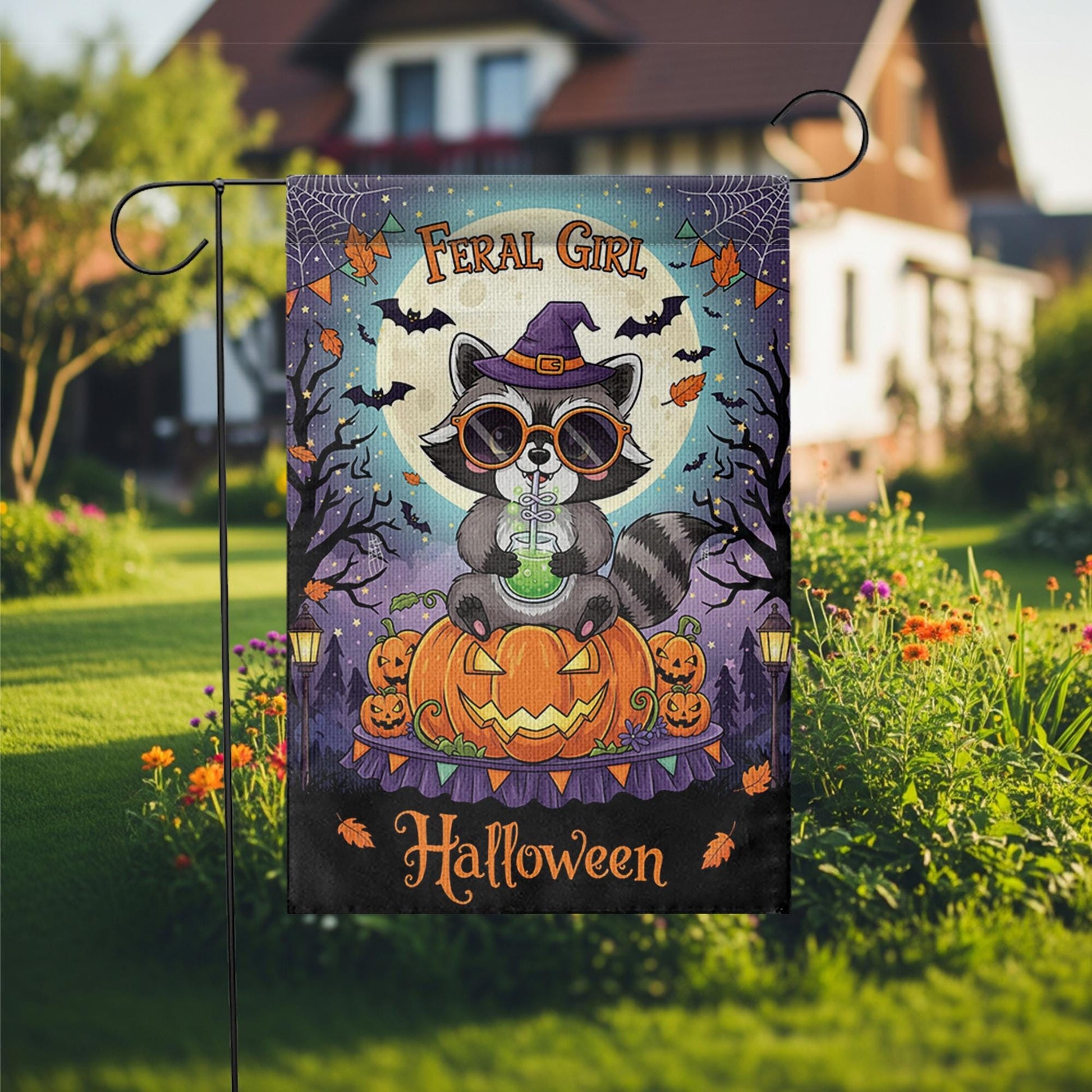 Feral Girl Halloween Garden Flag - Cute Witch Raccoon Fall Yard Decor