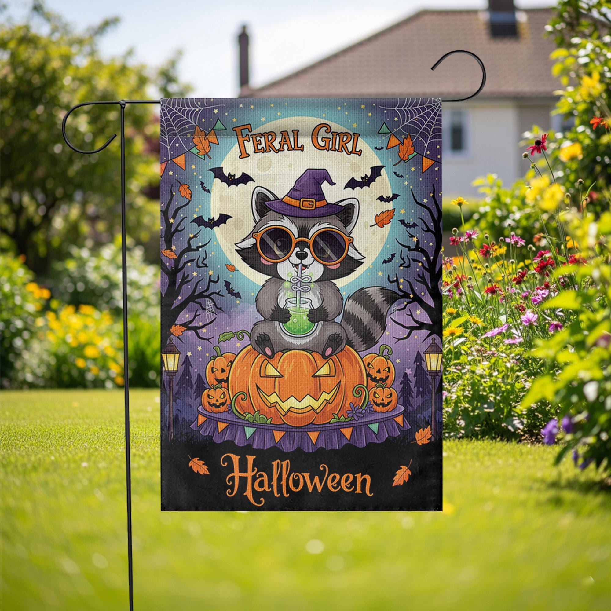 Feral Girl Halloween Garden Flag - Cute Witch Raccoon Fall Yard Decor